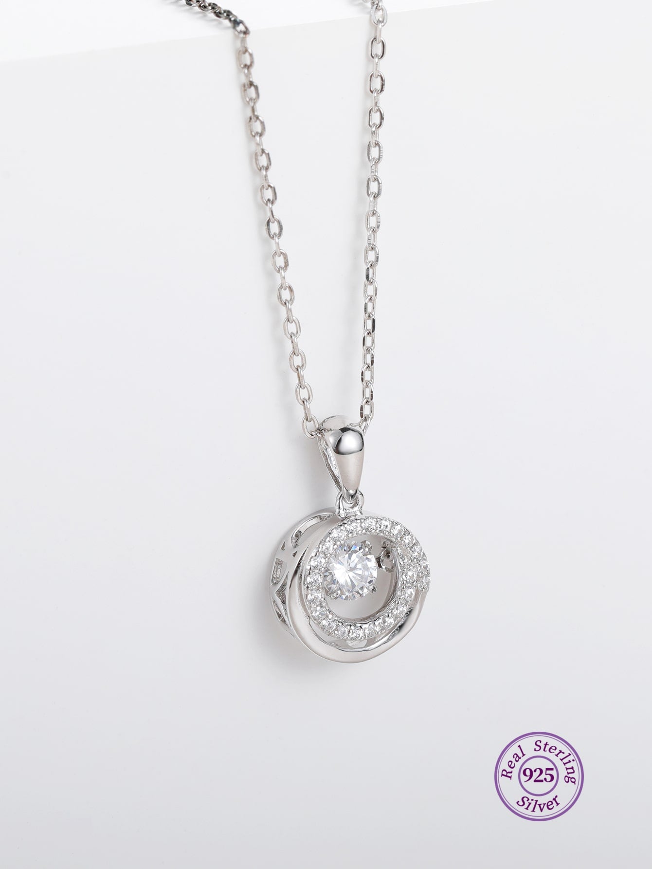 1pc 925 Silver & Zirconia Detail Circle Pendant Necklace