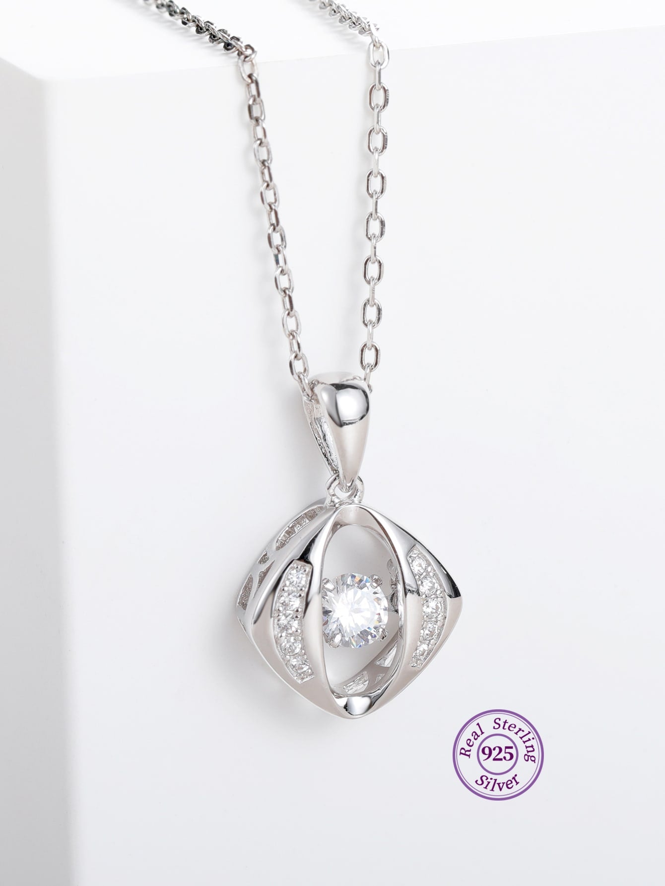 1pc 925 Silver Cubic Zirconia Detail Geometric Pendant Necklace