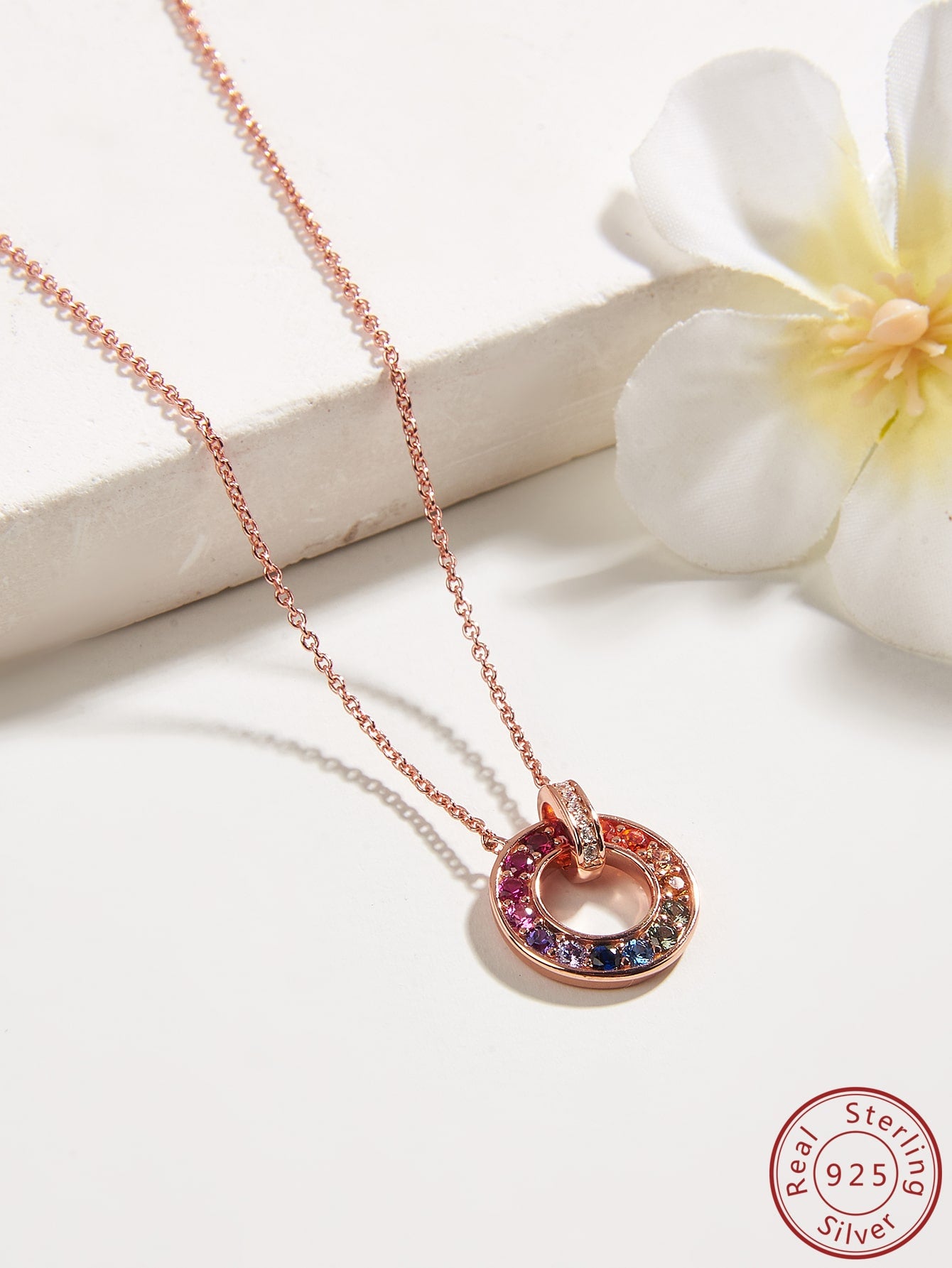 1pc S925 Silver Inlaid Multi-colored Cz Classic Circle Link Necklace, Perfect For Daily, Dating And Traveling