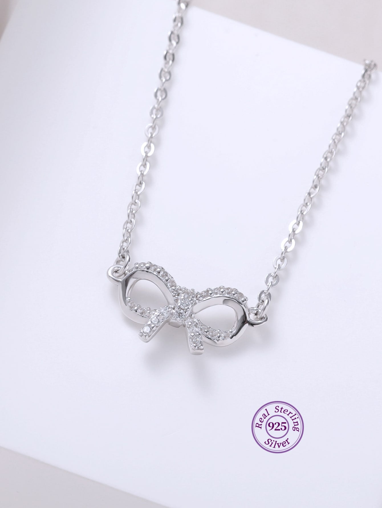 1pc 925 Silver & White Cubic Zirconia Bowknot Pendant Necklace