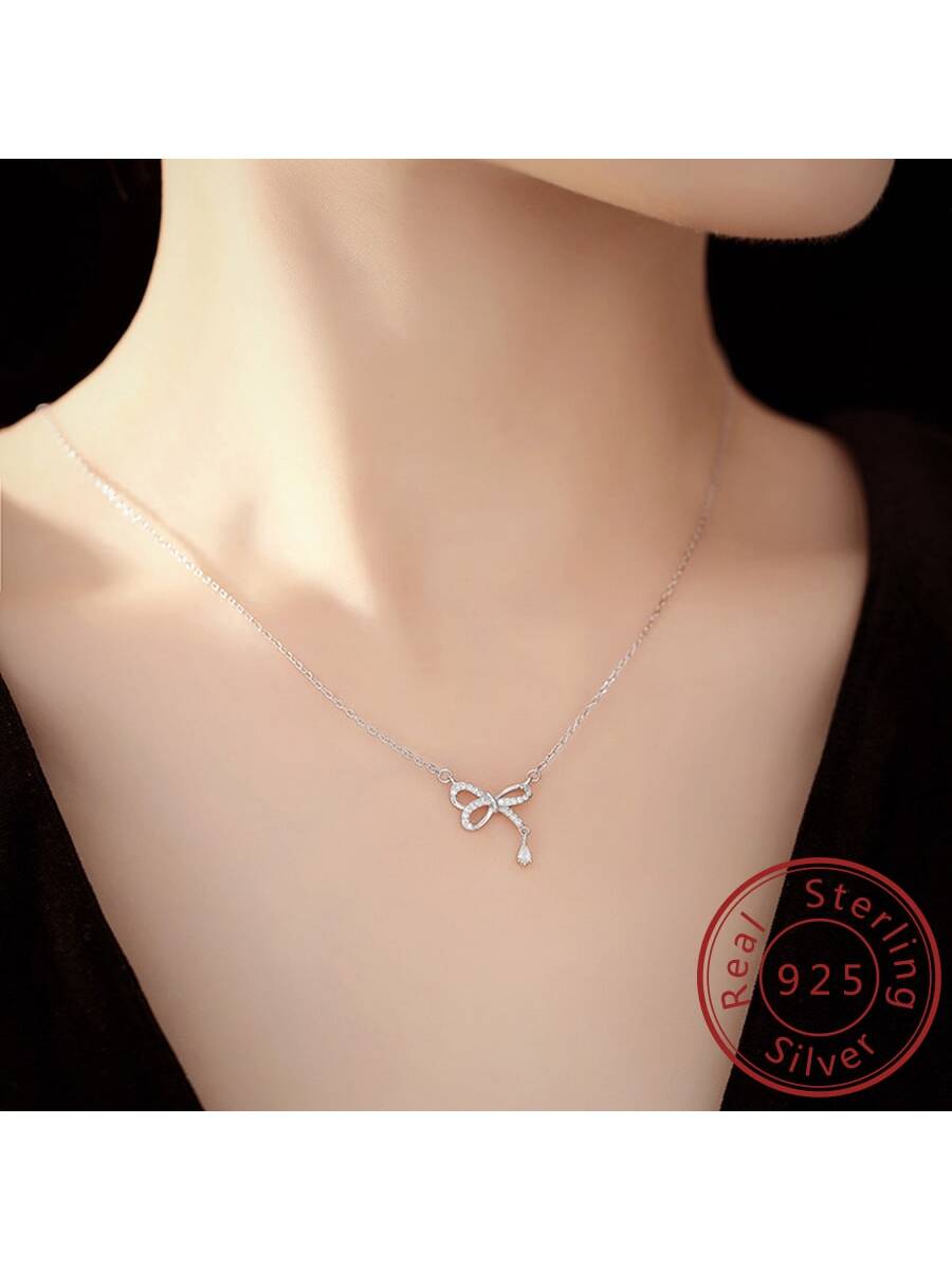 Zirconia Butterfly Knot S925 Sterling Silver Pendant Necklace