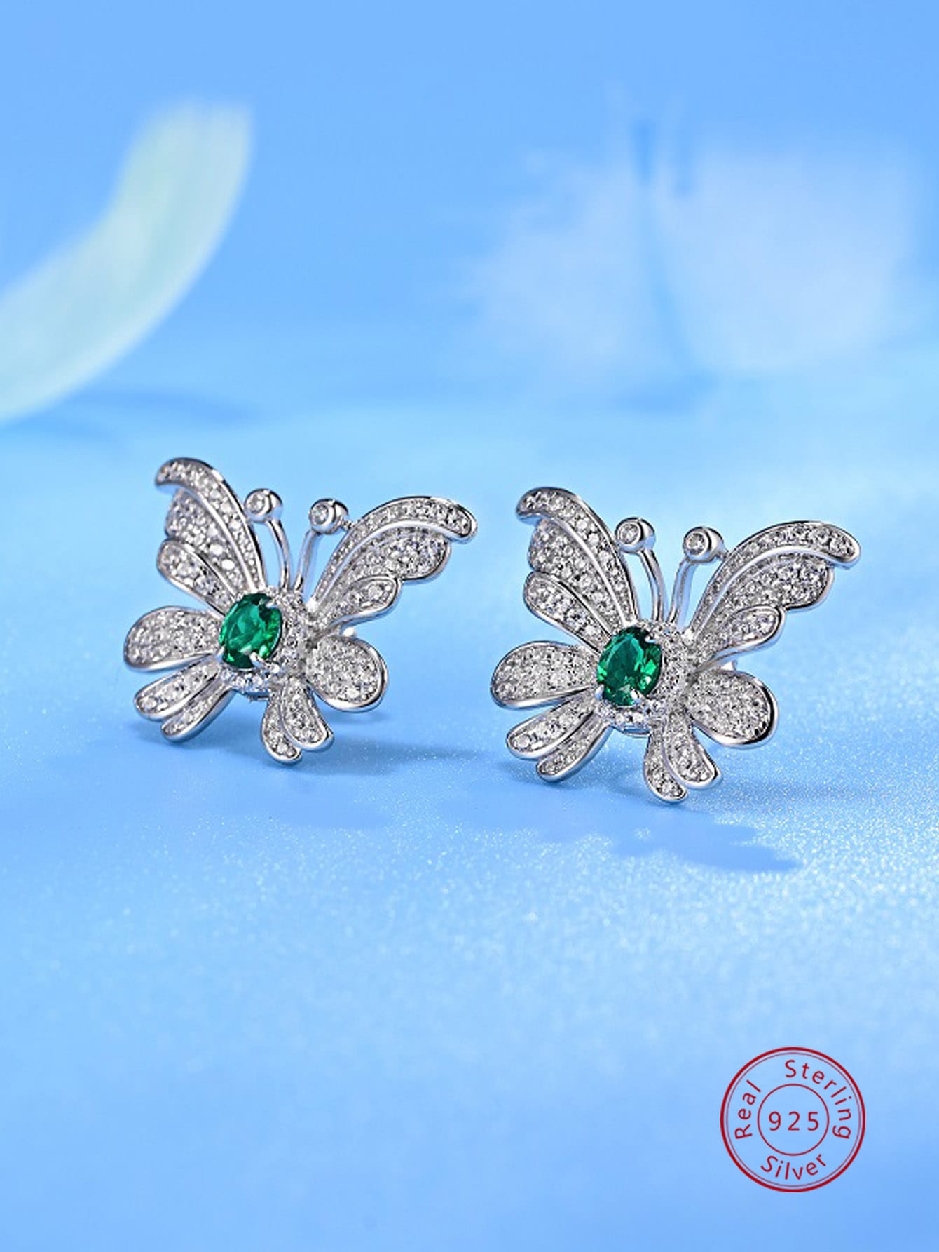 1pair Elegant & Luxurious 925 Silver Artificial Emerald Butterfly Earrings For Women, Banquet Jewelry