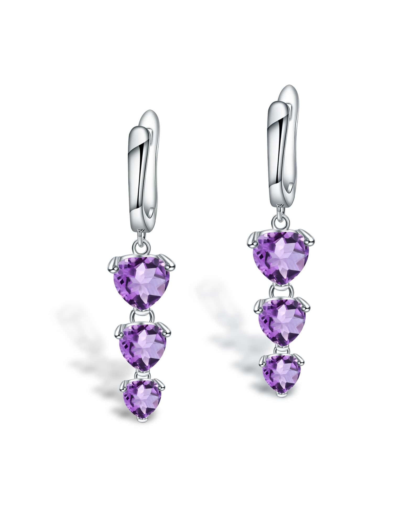 Natural Amethyst Heart Shaped Long Chandelier Earrings In 925 Silver