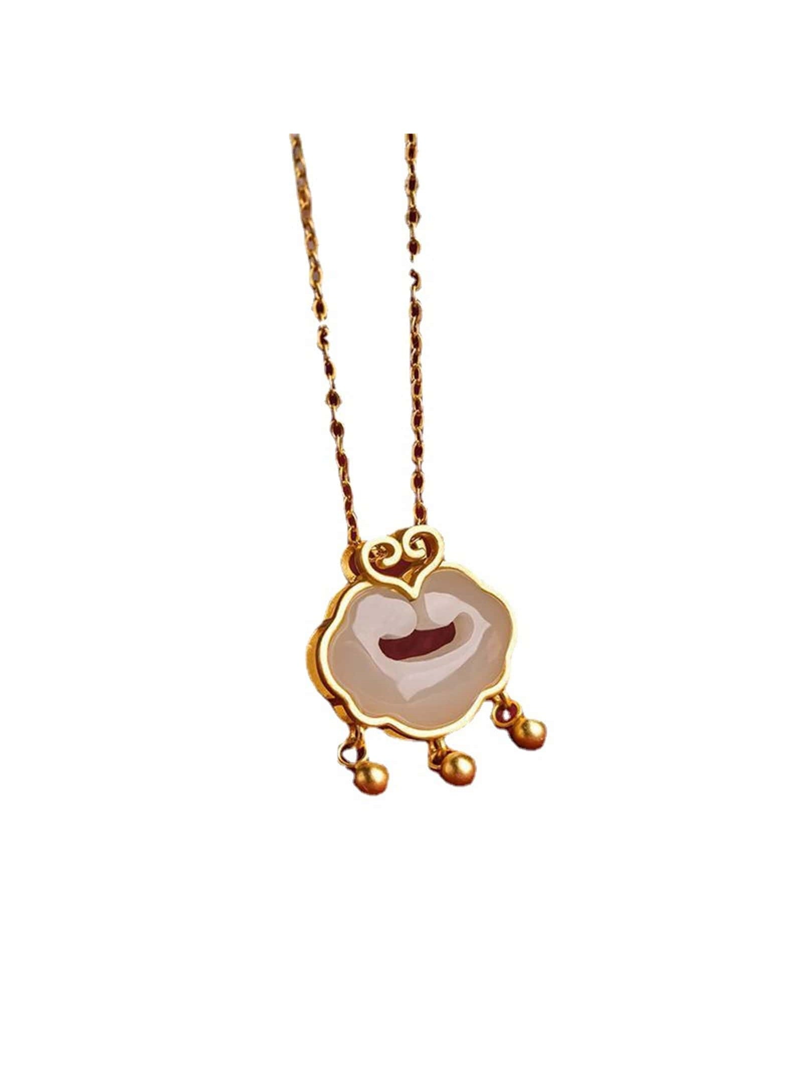 Auspicious Heart And Longevity Lock Pendant With Two Unique Pieces Of Jade For Women