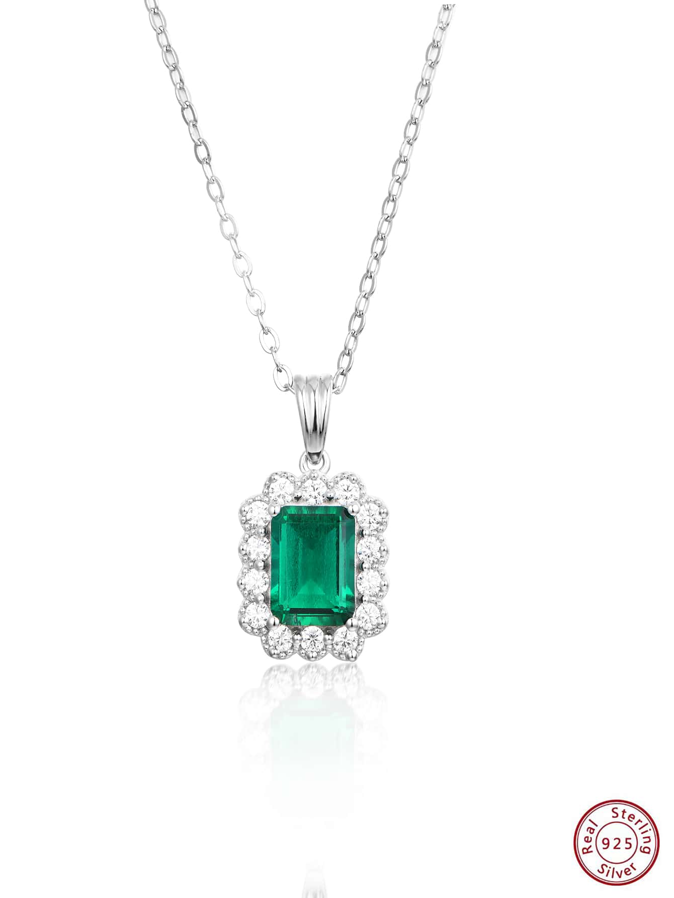 1pc 925 Sterling Silver Elegant Ornate Rectangular Emerald Everyday Decoration Pendant Necklace for Women