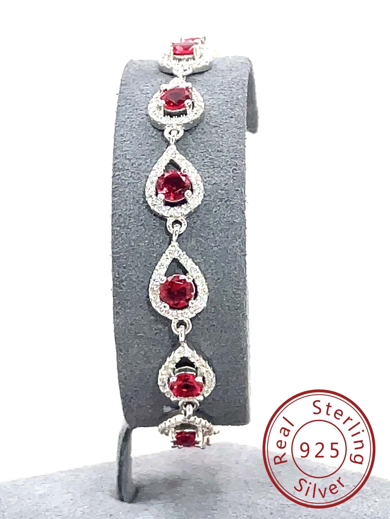 1pc 925 Sterling Silver Women's Red Round Cubic Zirconia Waterdrop Shaped Bracelet