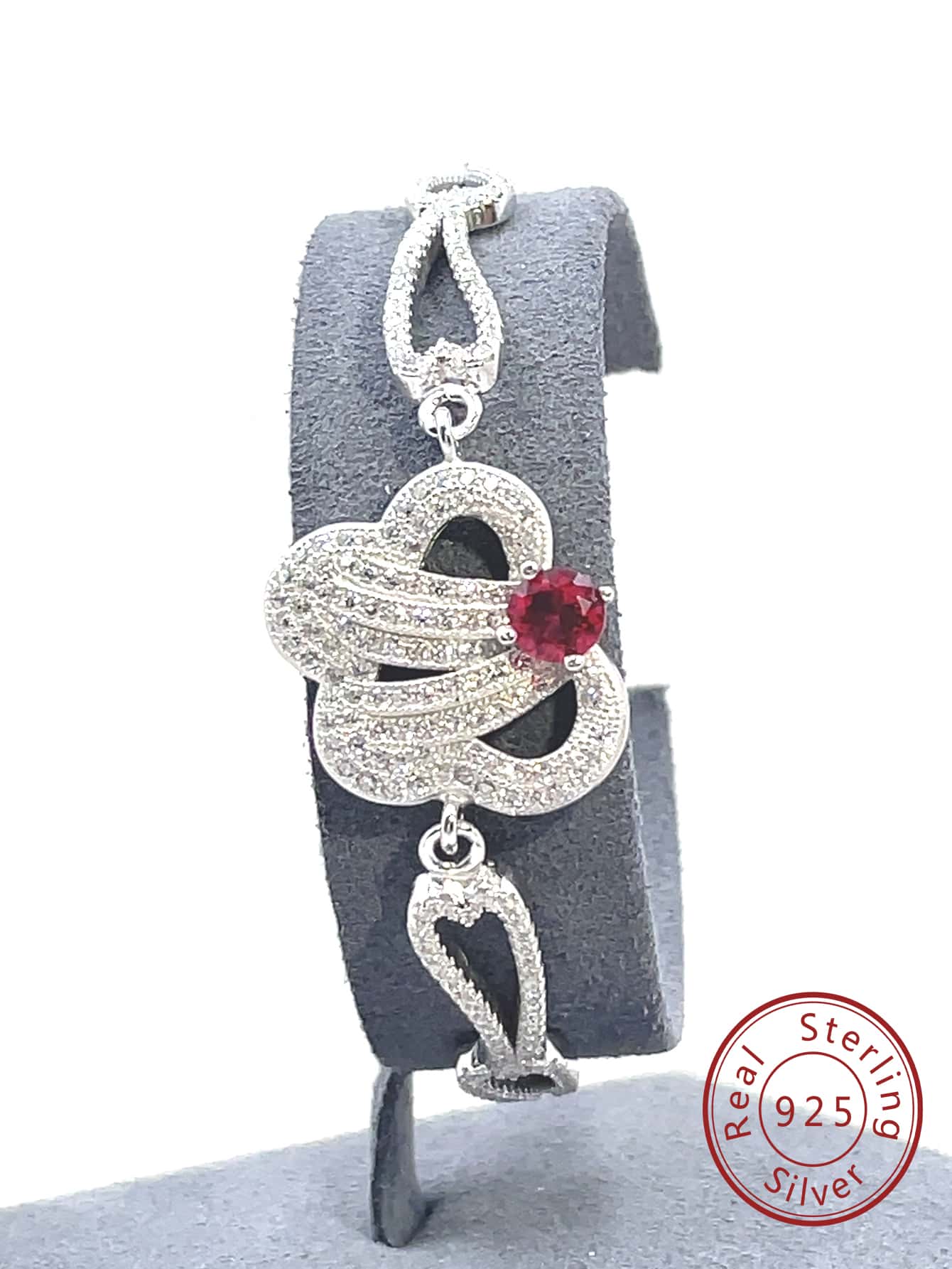 1pc 925 Sterling Silver Women's Flower Red Round Cubic Zirconia Bracelet