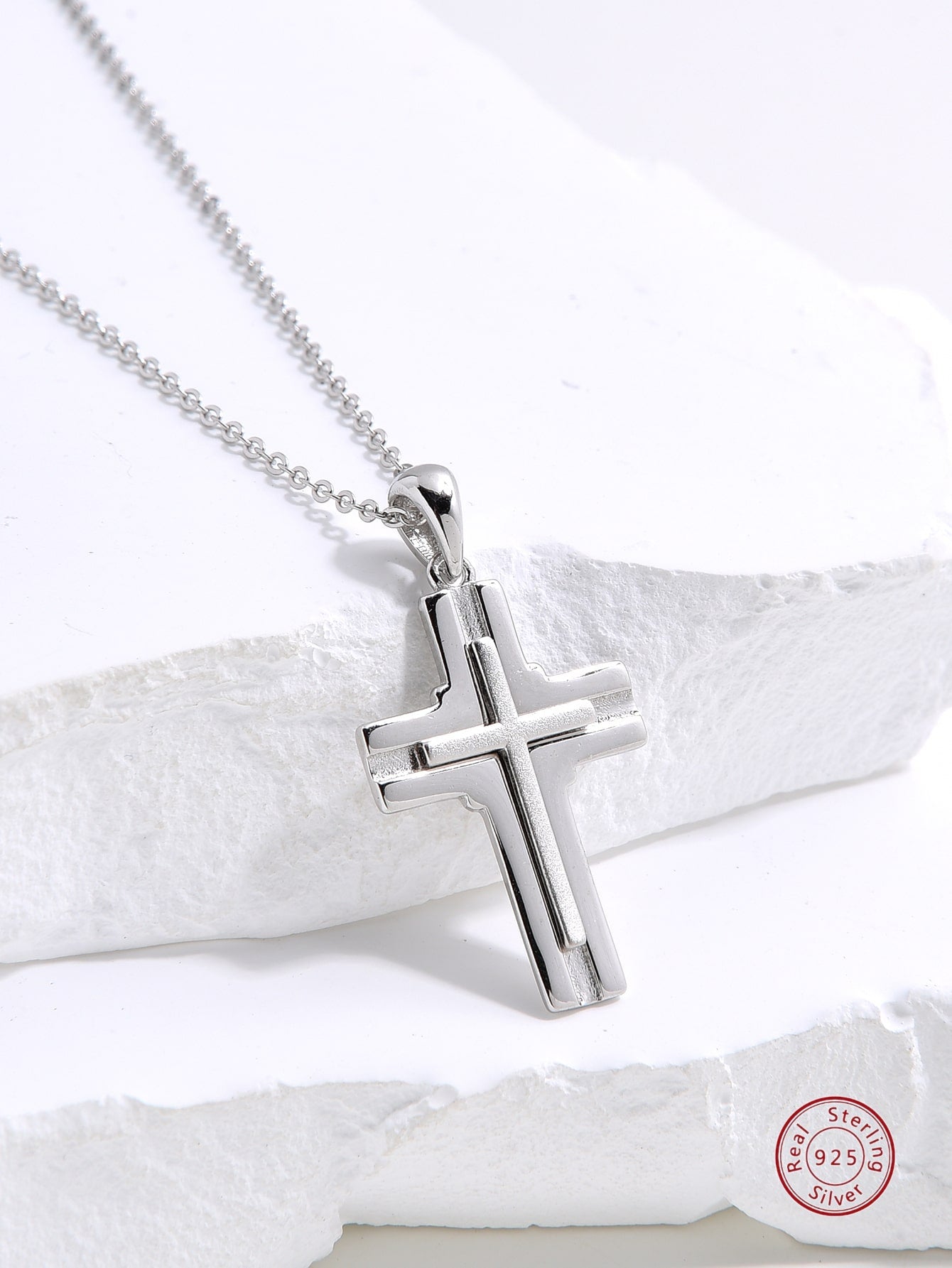 1pc S925 Sterling Silver Men's Cross Pendant Necklace With Zircon