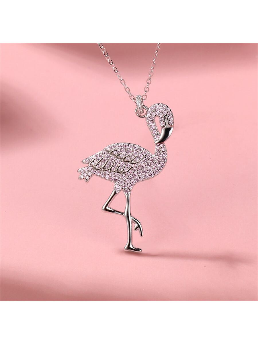 1pc Fashionable Sterling Silver Cubic Zirconia Flamingo Pendant Necklace For Women For Daily Decoration