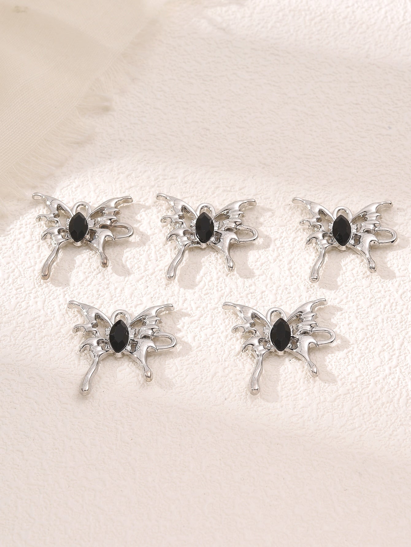 5pcs Silver Color Black Rhinestone Fashionable Hollow Out Butterfly Shaped Pendant For Making Hip-hop Style Necklace, Earrings, Bracelet Accessories-Silver-1