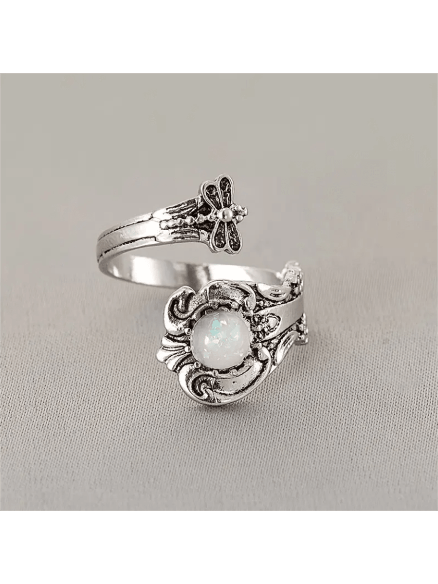 Vintage Bohemian Dragonfly & Flower Design Open Ring For Women's Engagement, Wedding, Party Accessories-Silver-1