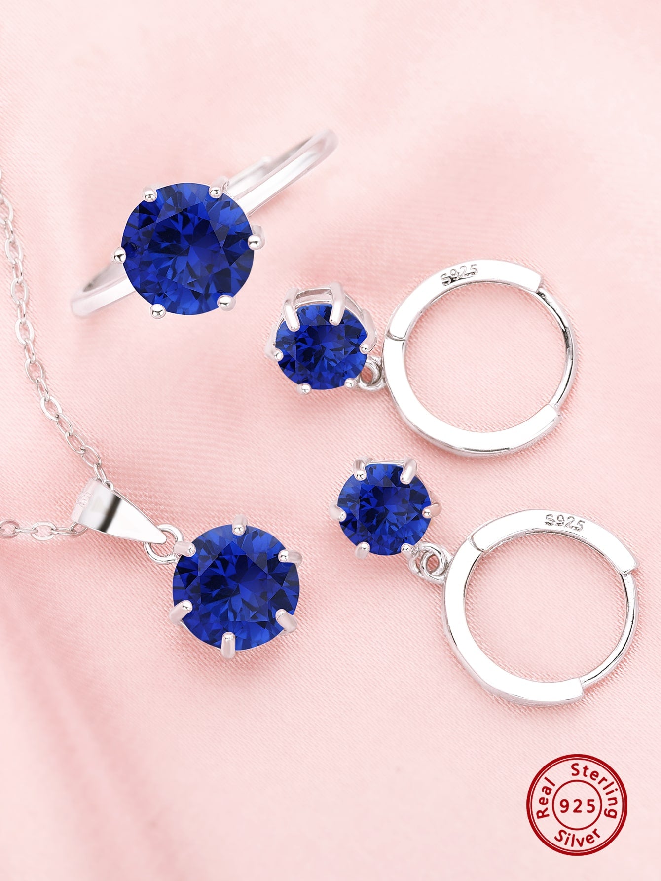 1Set Round Simulated Blue Sapphire Cubic Zirconia Minimalist Solid 925 Sterling Silver Adjustable Ring Necklace Hoop Earrings Jewelry Set for Women Girls--1