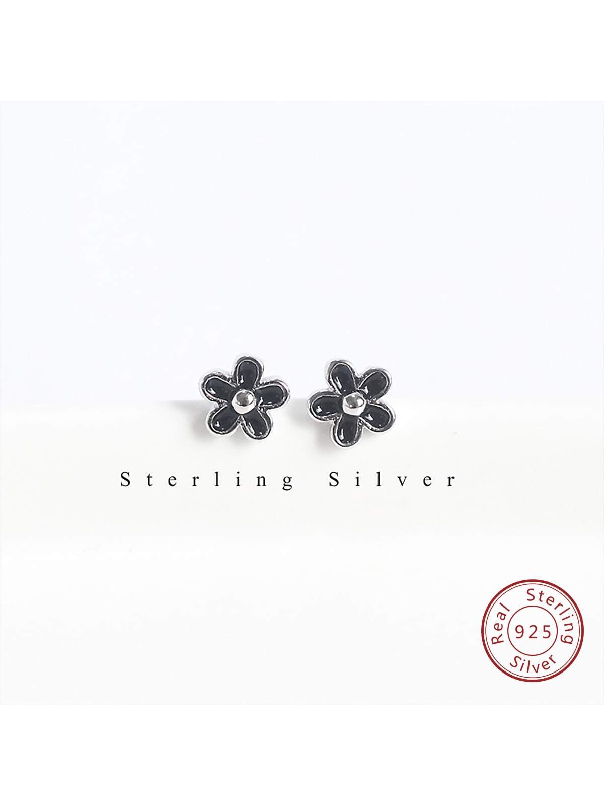 1pair Simple & Elegant Black Flower Design 925 Sterling Silver Stud Earrings, Suitable For Women's Daily Wear, Ideal As Gift For Best Friends, Girlfriends & Birthdays, Fashionable & Personalized Pure Silver Jewelry Accessory--1