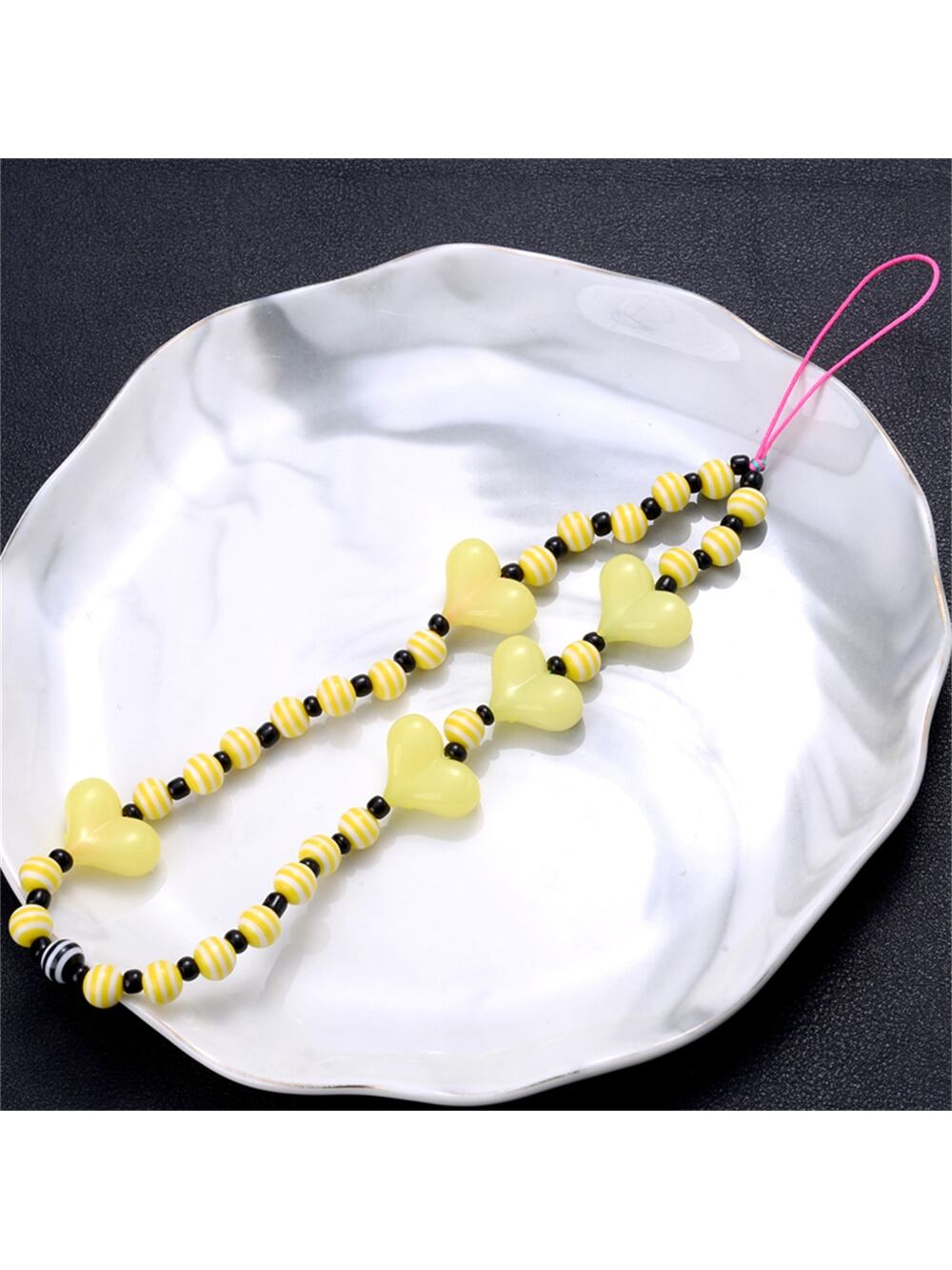 1pc Resin Beads Cellphone Strap With Acrylic Heart & Striped Pearls Bag Charm-Yellow-1