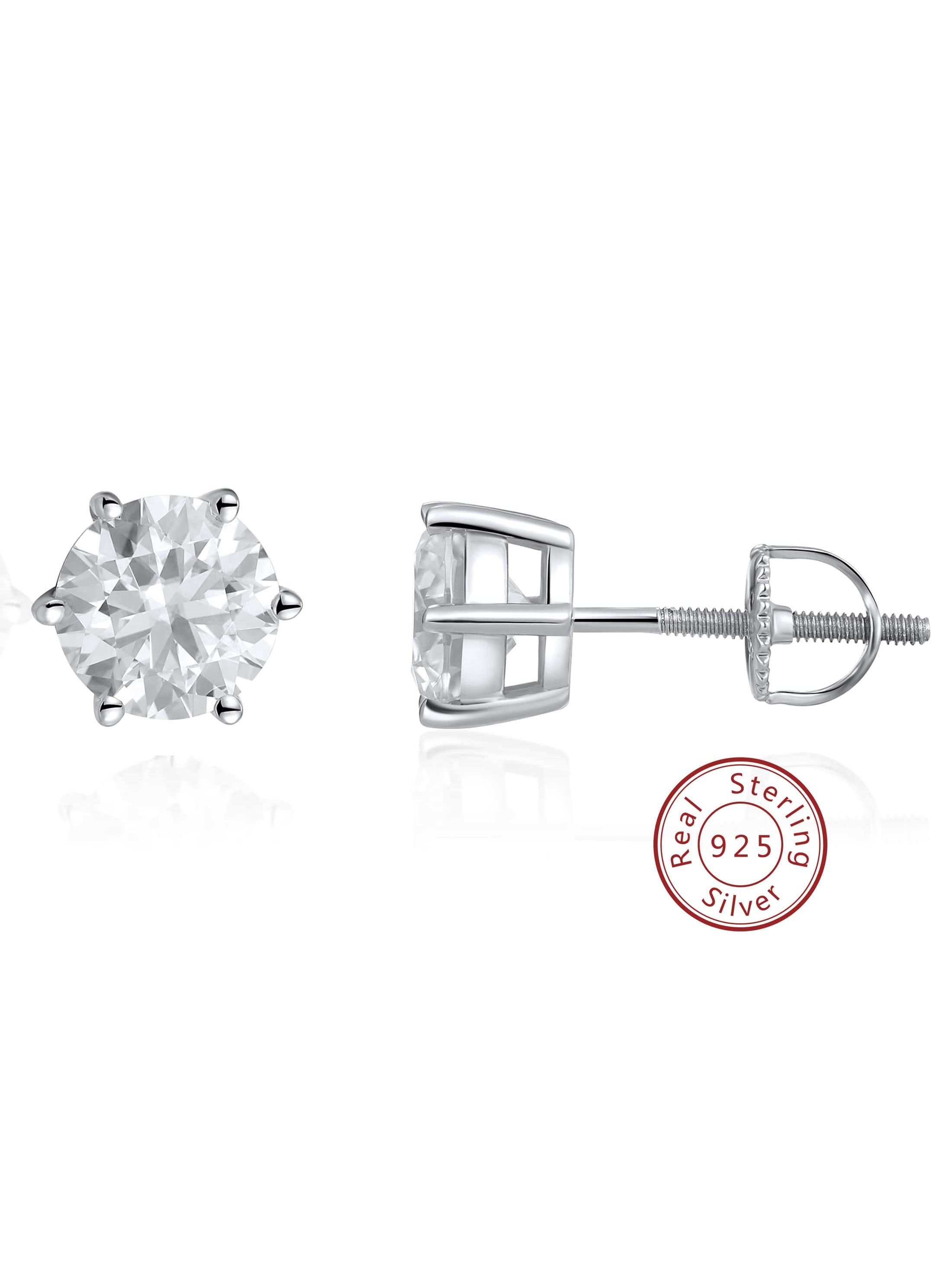 1 Pair 6.5mm Clear Moissanite 925 Sterling Sliver 18K White Gold Plated Screw Back Stud Earrings for Women Men 1 Carat Hypoallergenic--1