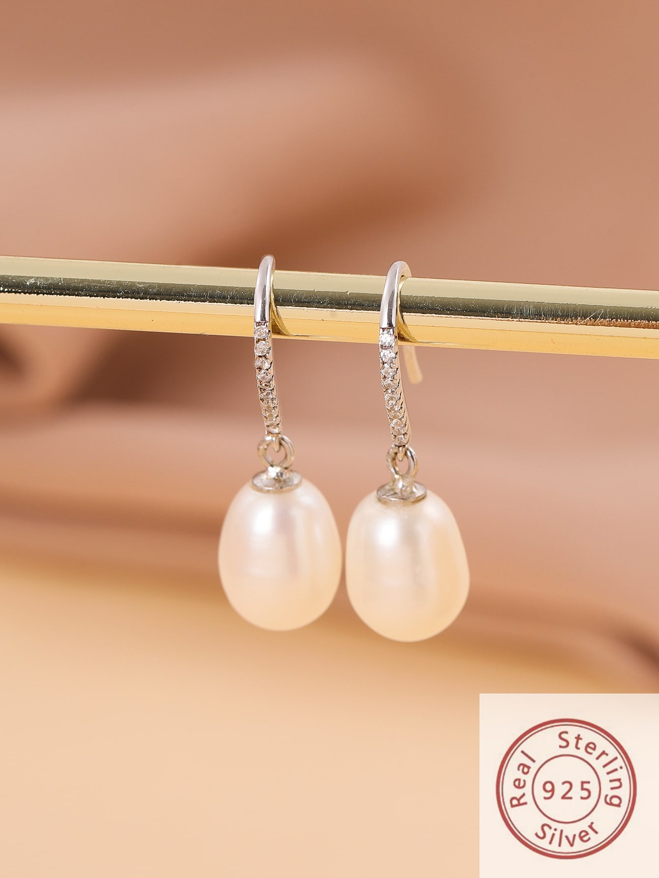 A Pair Of S925 Sterling Silver Earrings With Natural Pearls(9-10mm) And Cubic Setting, Suitable For Daily Wear, Commuting And Parties. Anti-allergic S925 Sterling Silver Base, Handcrafted Fine Micro-inlay Technology. Fashionable And Elegant Style,--1