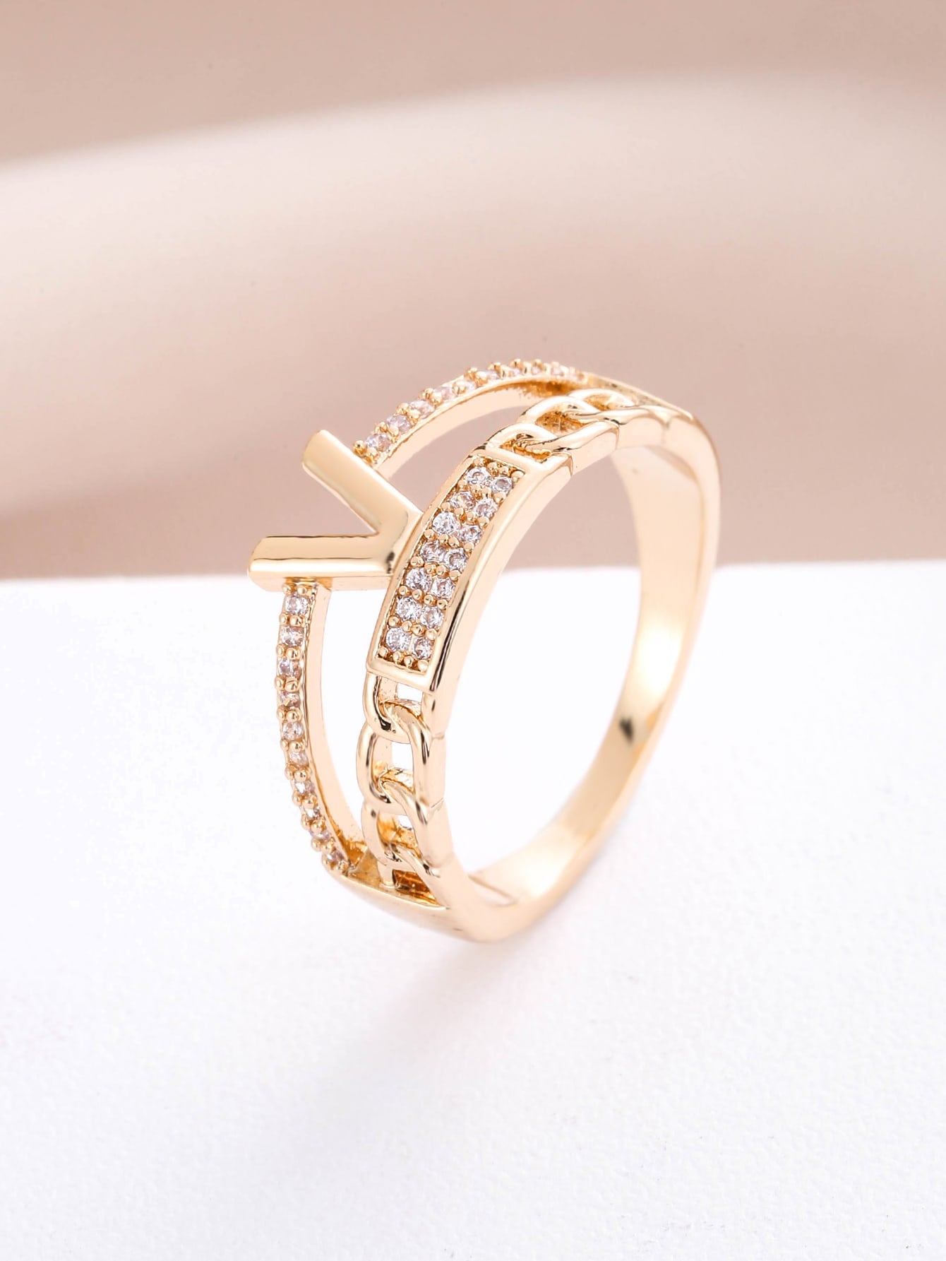 V Shape Letter Micro-inlaid Ring-Yellow Gold-1