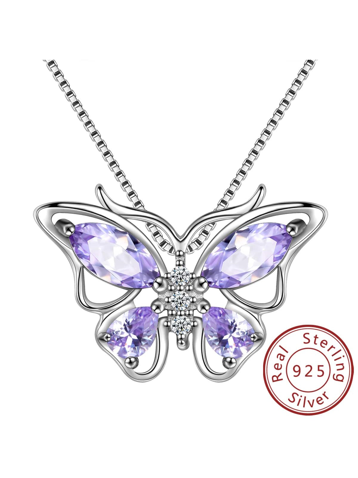 Purple Cubic Zirconia June Birthstone 925 Sterling Silver Elegant And Exquisite Insect Butterfly Pendant Necklace For Women/Birthday/graduation/wedding/daily Fashion Accessory Fine Jewelry--1