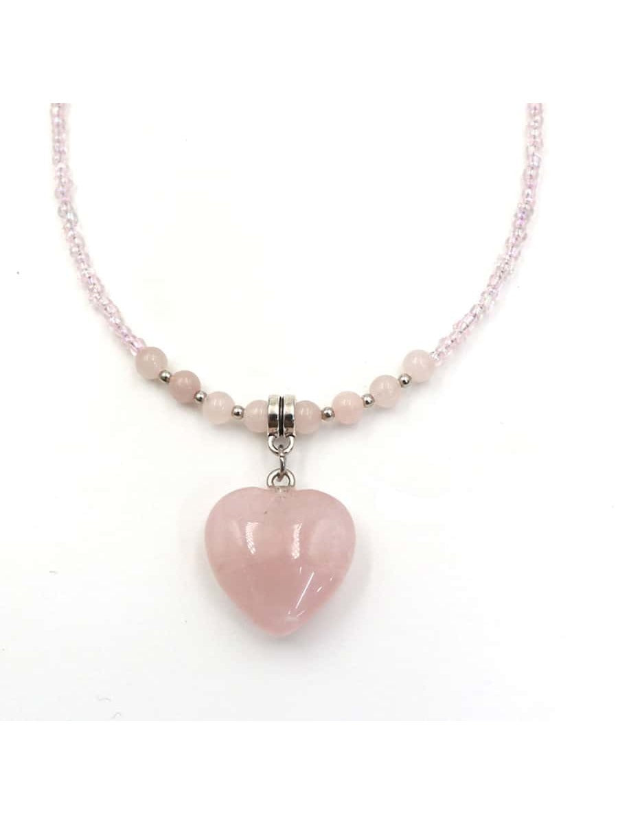 Rose Quartz Heart Shaped Pendant Necklace-Army Green-1