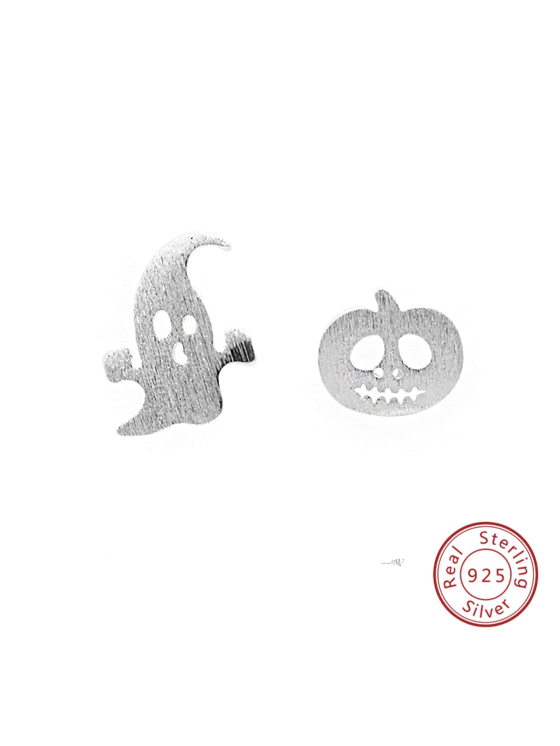 Halloween Skull & Pumpkin Elements Silver Stud Earrings - Designer Style Exquisite Jewelry For Halloween Atmosphere-White-1