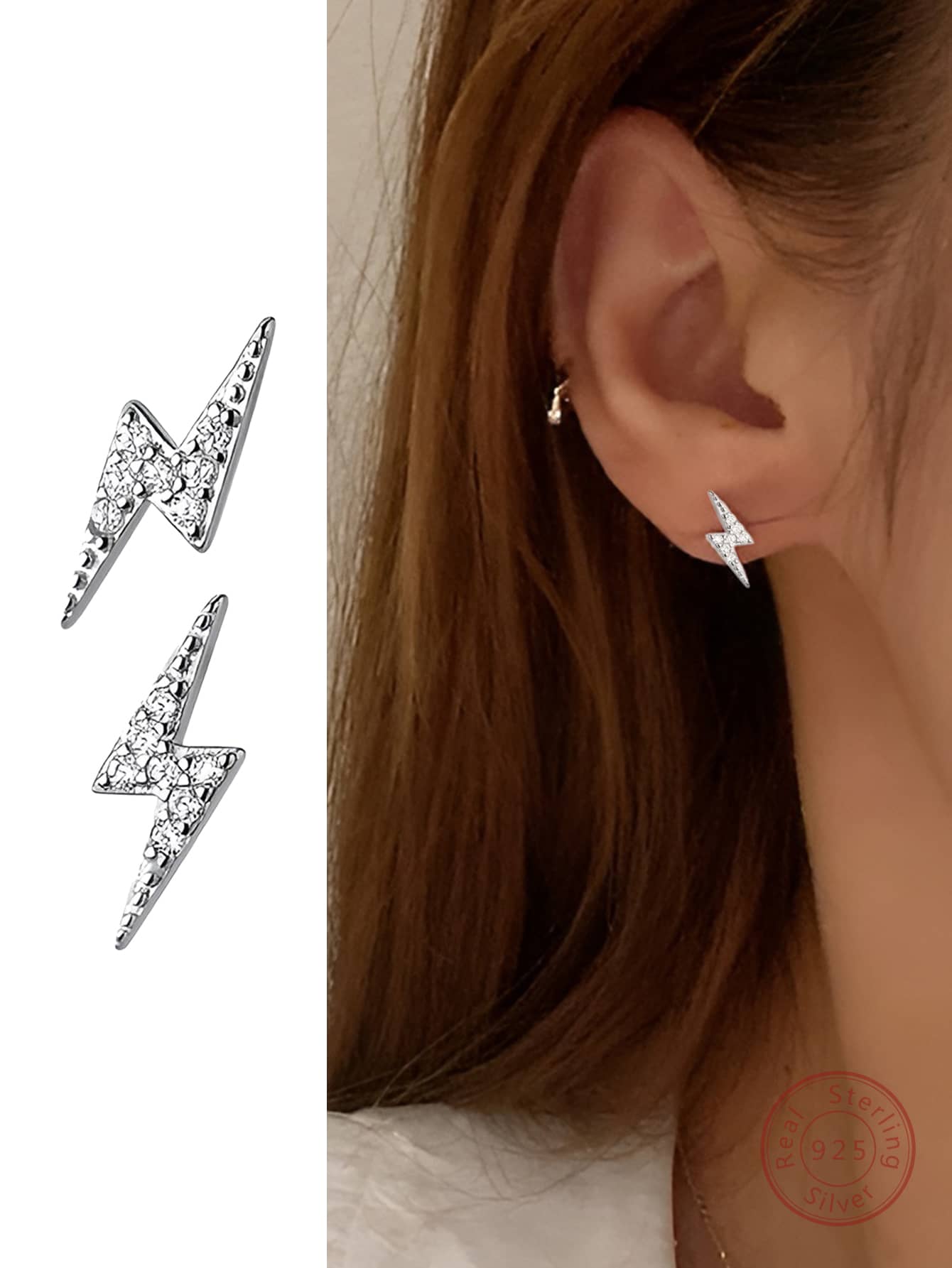 1pair Exquisite & Versatile S925 Silver Lightning Shaped Ear Studs With Shiny Rhinestones, Highlighting Unique Personality, For Daily Wear And Party Outfits, Women-Silver-1