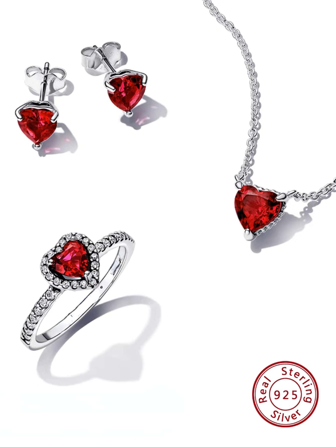 Sterling Silver Heart-shaped Jewelry Set Including A Necklace, A Pair Of Earrings And A Ring, Featuring A Heart-shaped Red And Simple Yet Elegant Design Suitable For Engagement, Wedding, Valentine's Day, Mother's Day Or Any Other Holidays, Events-Silver-1