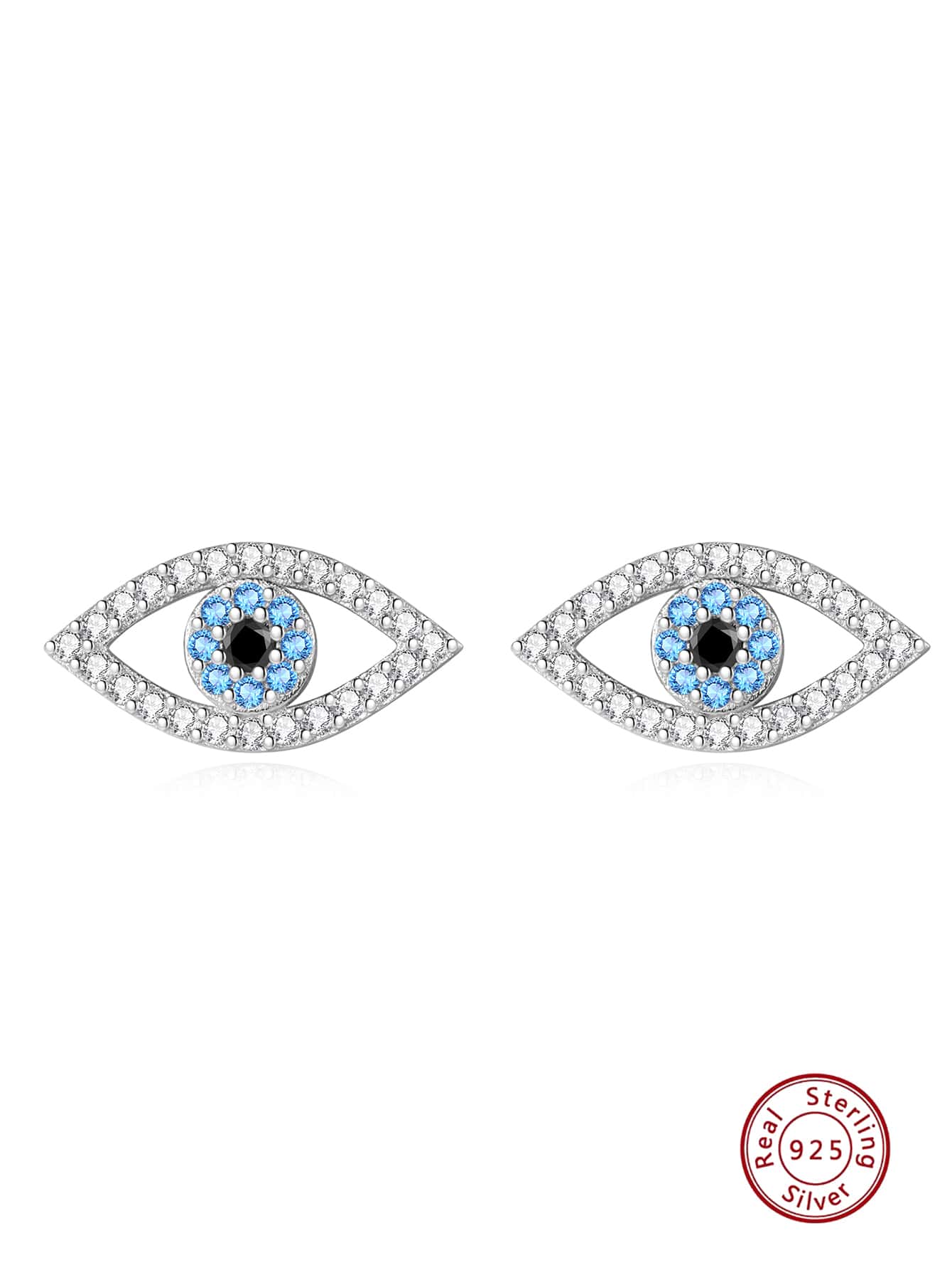 Tiny Evil Eye Shaped 925 Sterling Silver & Cubic Zirconia Stud Earrings-Silver-1