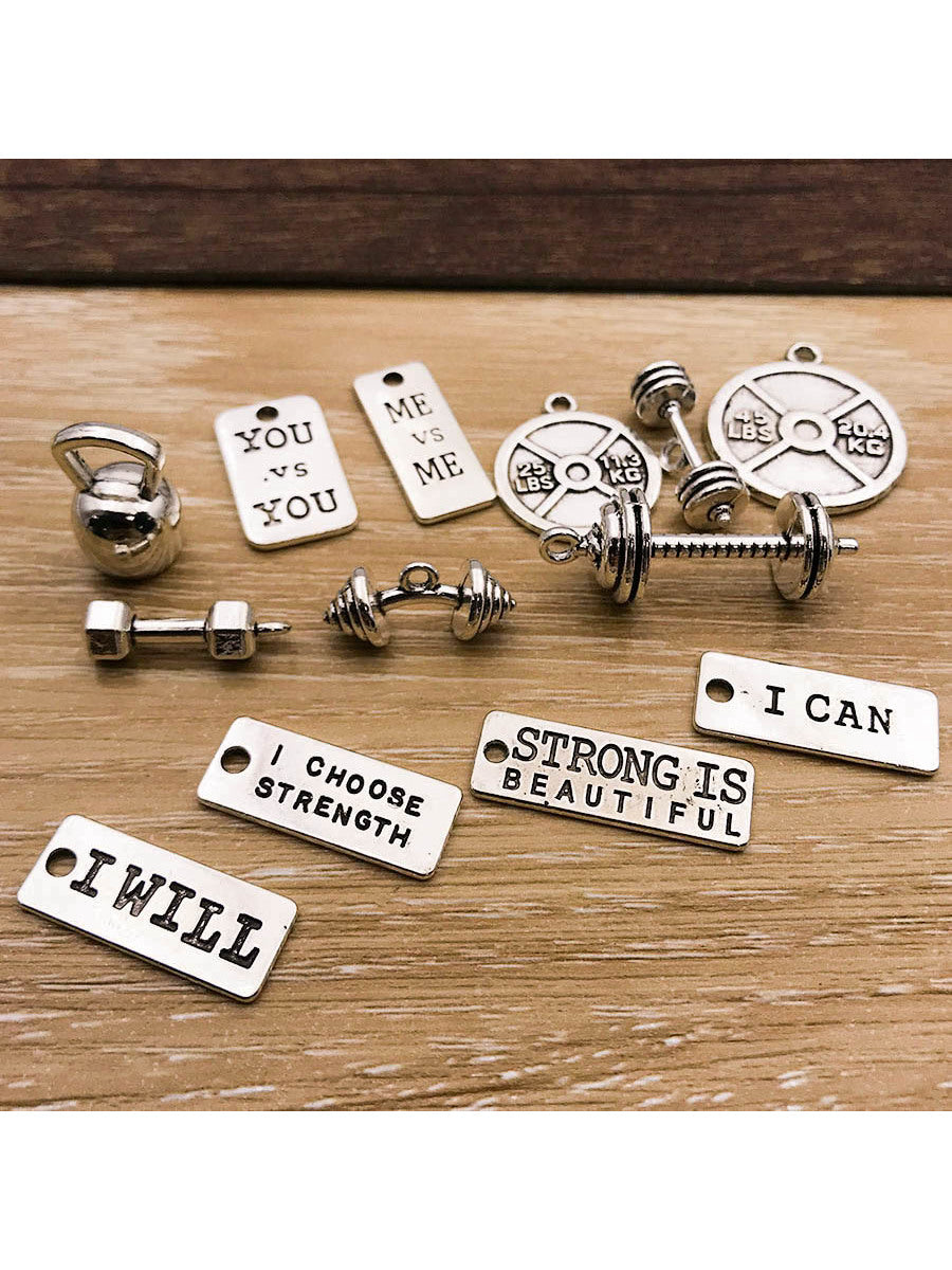 13pcs Mix Antique Silver  Sport Weightlifting Charms I can I will I Choose Strength For Jewelry Making Diy Findings Keychain Bracelets Earrings Charms Pendants--1