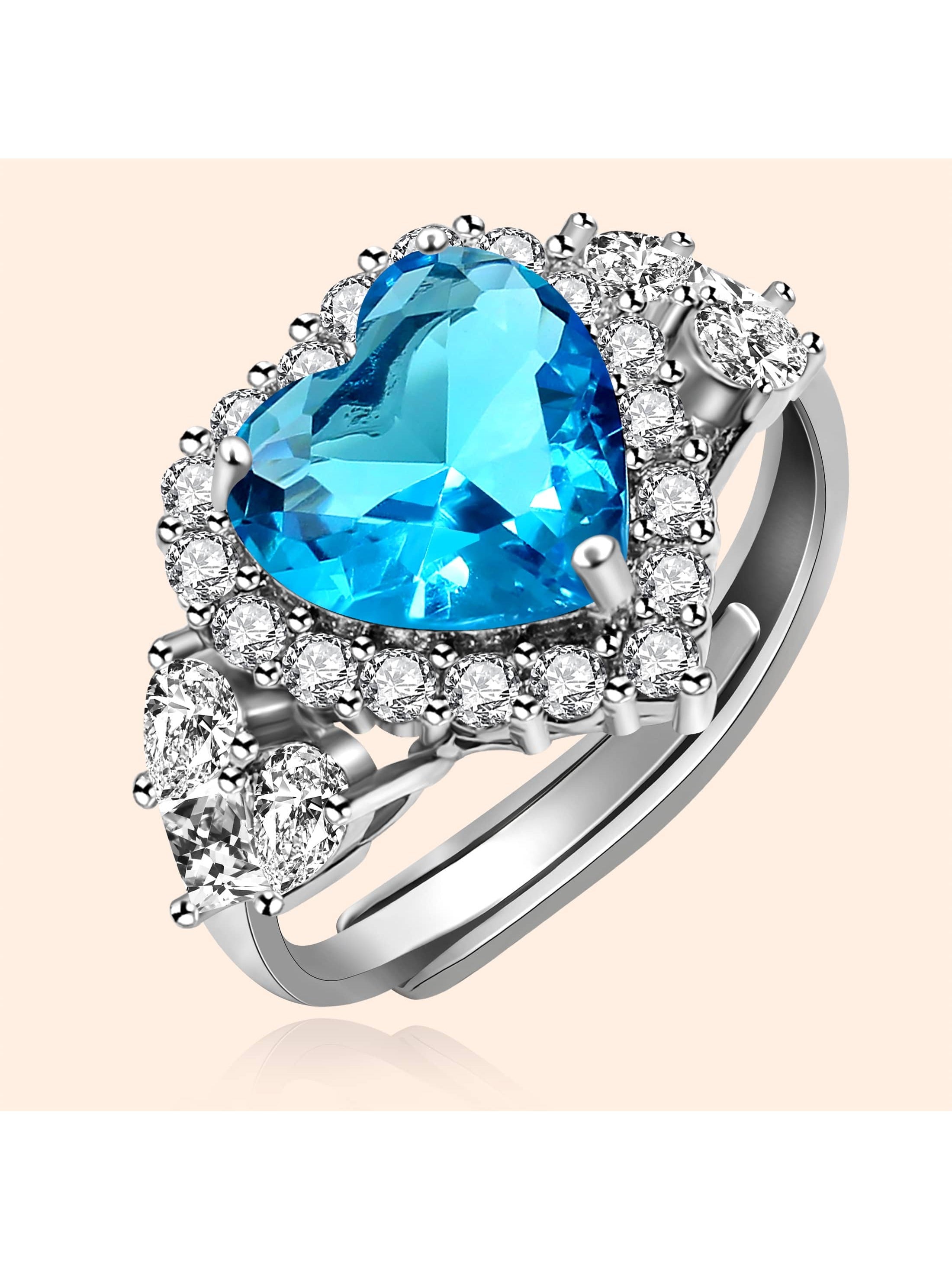 Women's Blue Heart shaped Wedding Open Ring,Luxury Micro Set Cubic  Fashion Jewelry for her Wedding Engagement Party Anniversary Gift-Blue-1