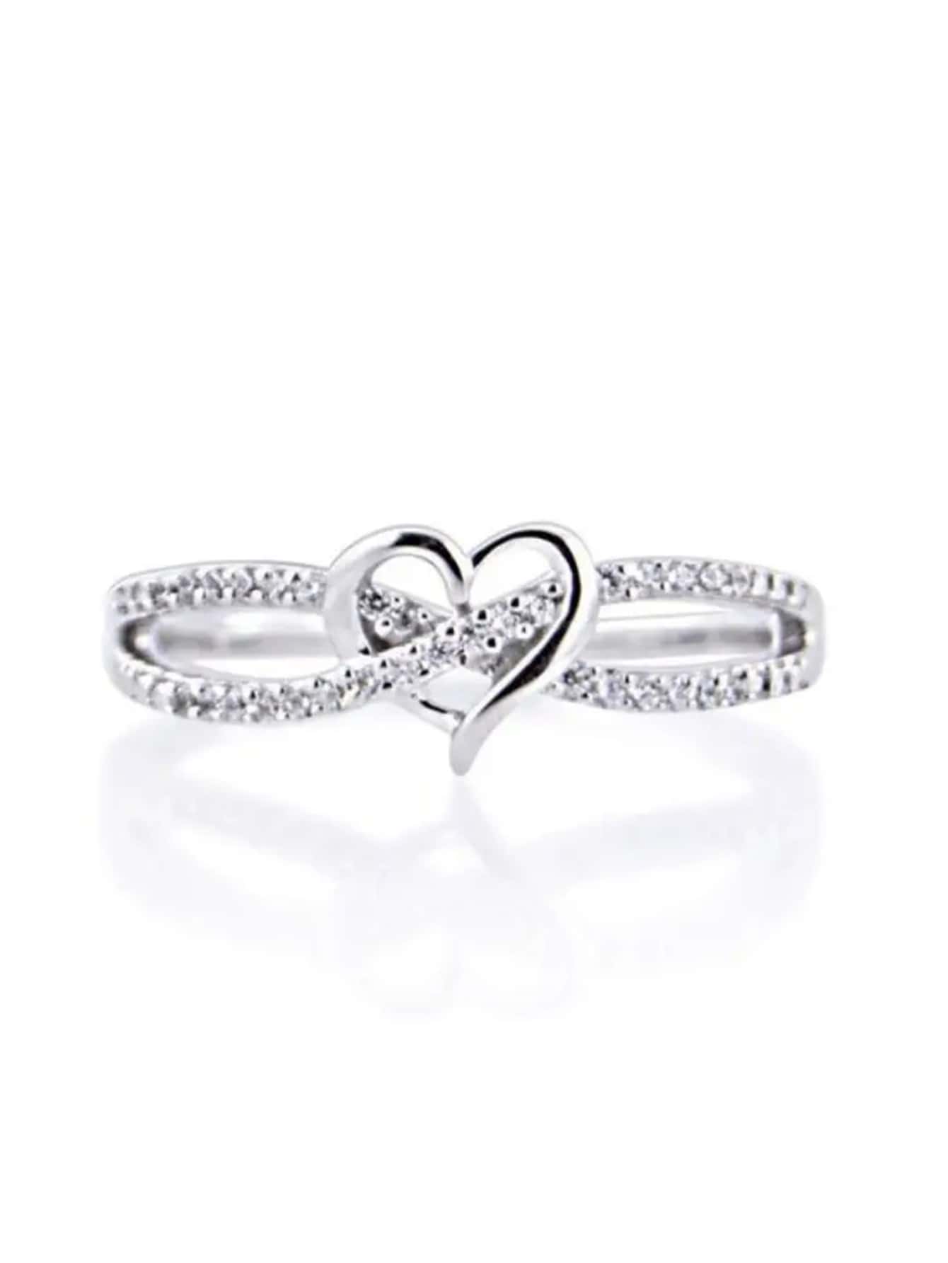 1 PC Romantic Cubic Zirconia Heart Ring For Women For Wedding Engagement Party Jewelry Valentine's Day Gift-Silver-1