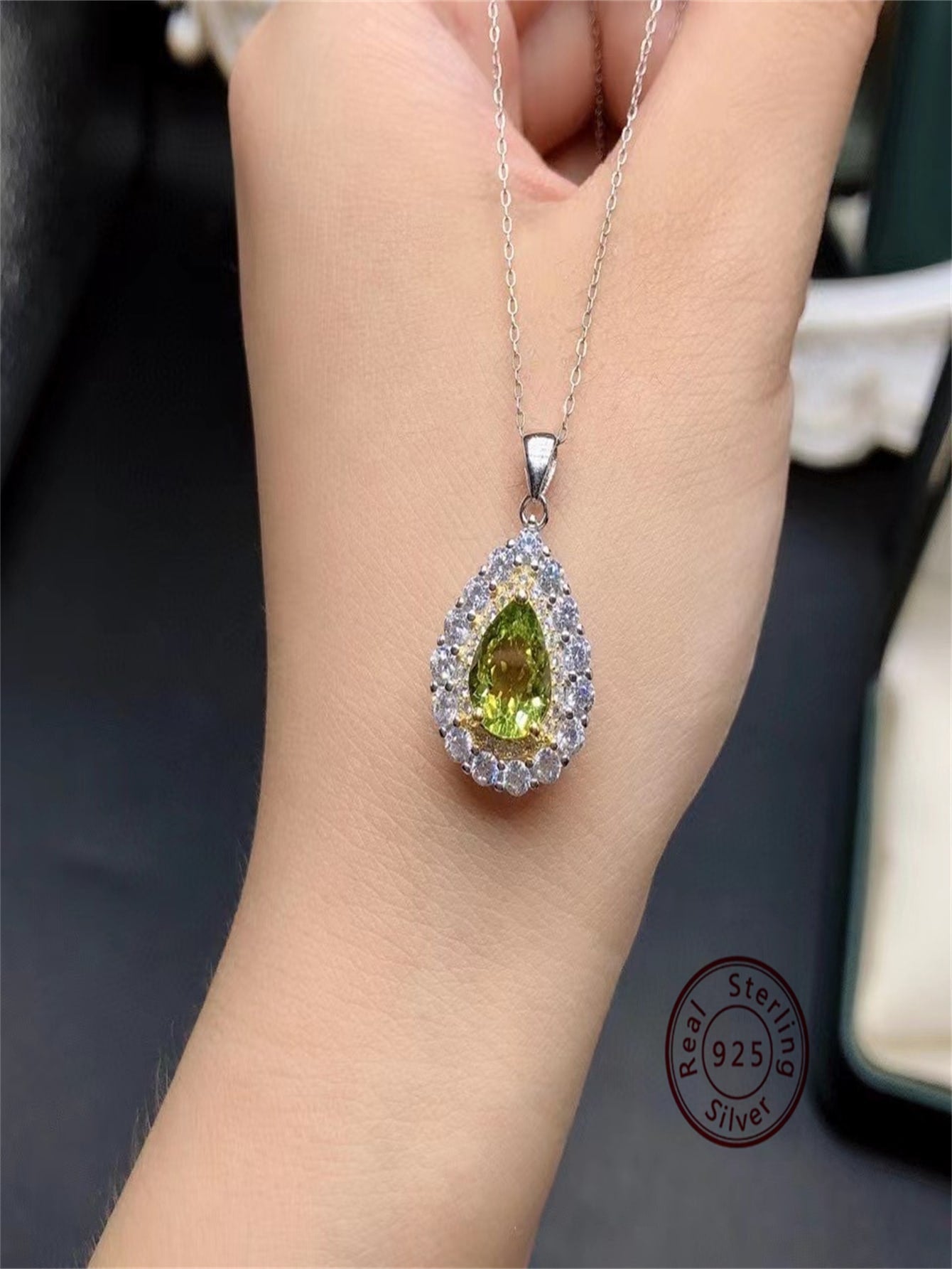 Natural peridot gemstone pendant, psychedelic forest system, large water drop, temperament clavicle chain, luxurious inlay, gem size 7*9 crystal perfect, fire burst, 925 sterling silver precision inlay, with authoritative jewelry inspection-Silver-1