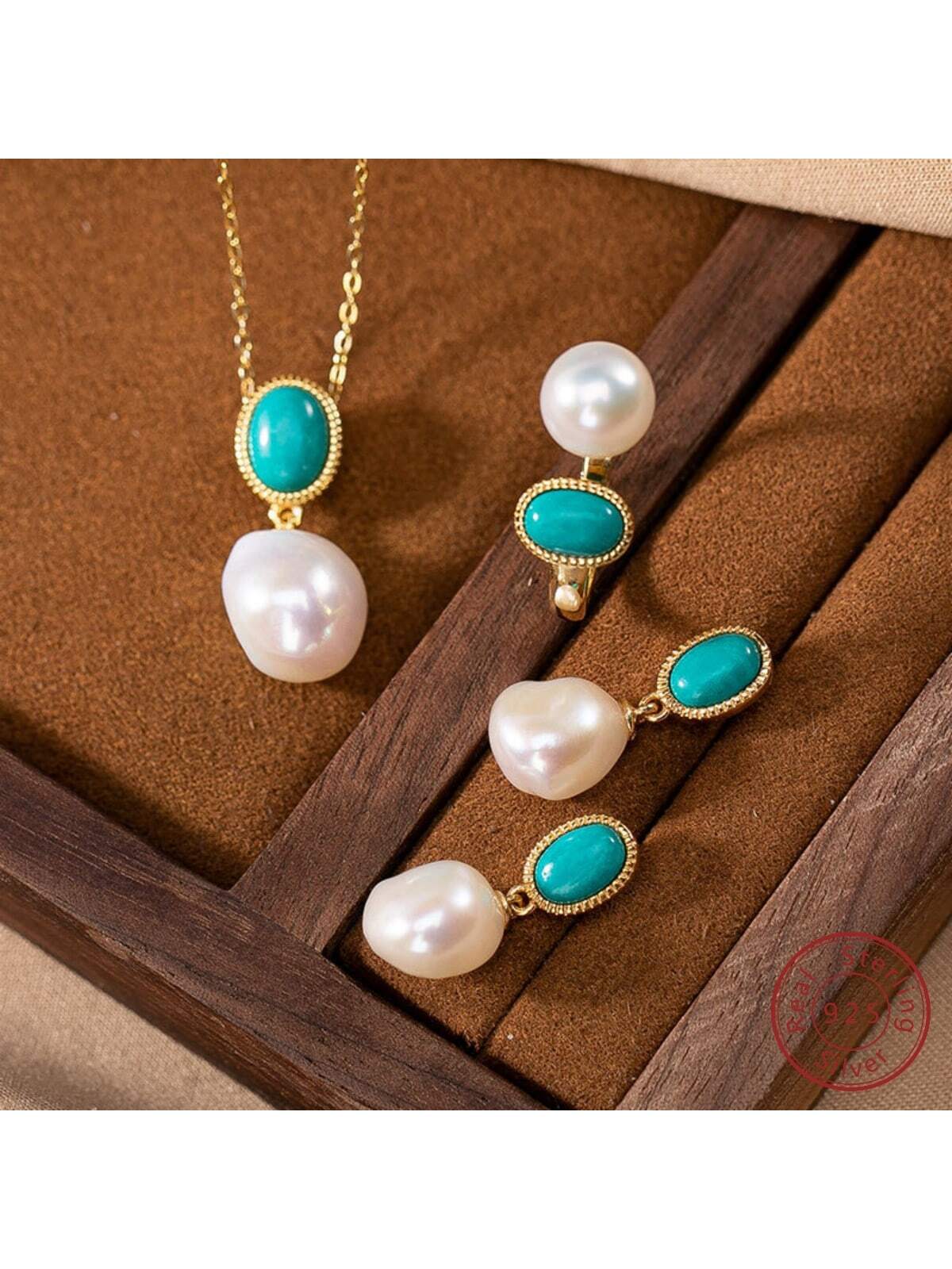 1set Elegant 925 Sterling Silver Jewelry Set With Cultured Pearl, Turquoise And Topaz For Women, Including 1pair Earrings, 1 Open Ring, And 1 Pendant Necklace, Suitable For Daily Wear, Parties, Anniversary, Gift-Blue and White-1