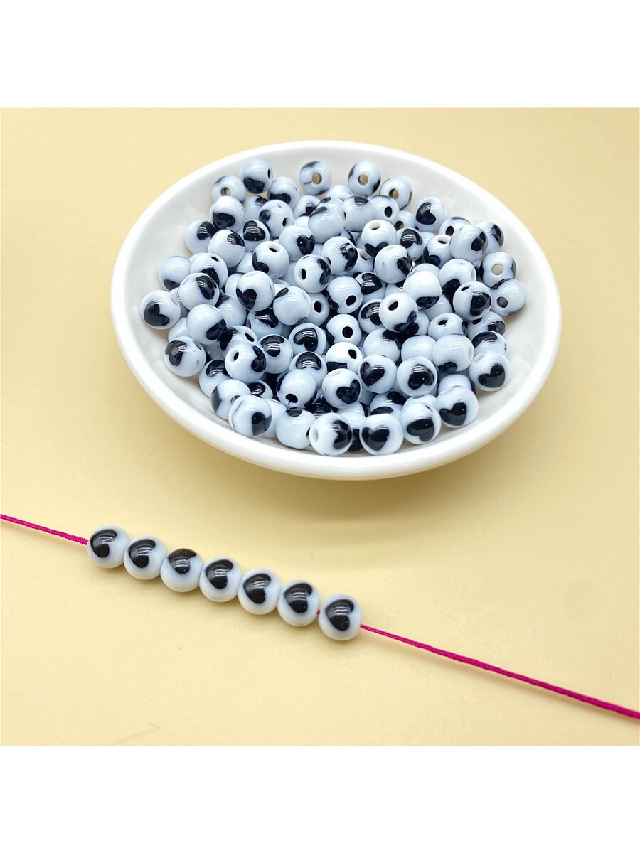 50pcs Acrylic Round Beads With Printed Love Heart Pattern, Ideal For Diy Jewelry Making (necklace, Bracelet, Earrings, Pendant)-Black and White-1