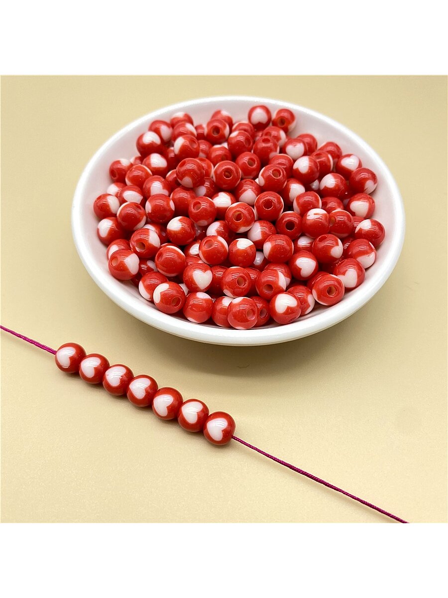 50pcs Acrylic Love Heart Print Beads For Bracelets, Necklaces, Earrings Diy Jewelry Making-Red-1