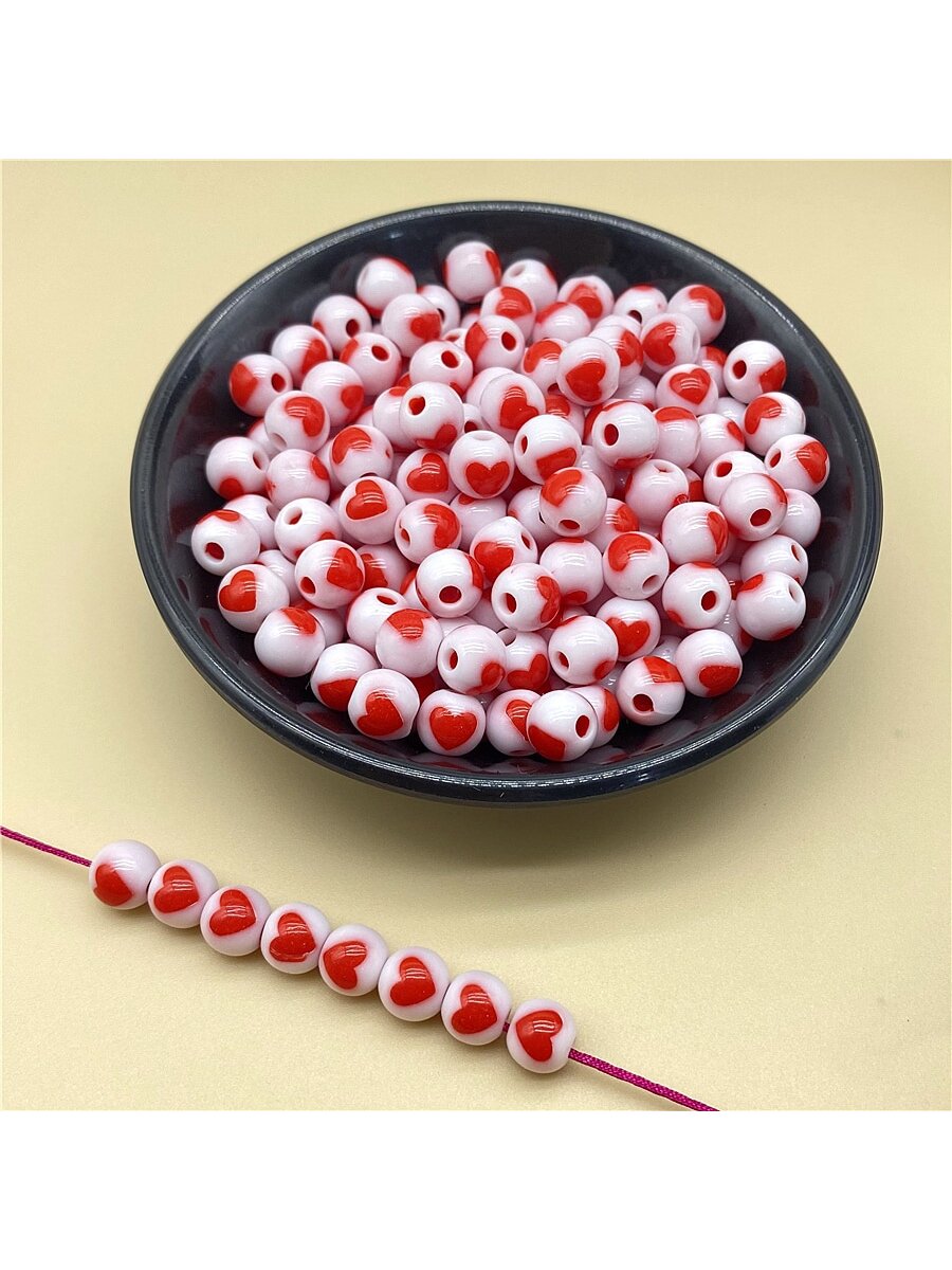 50pcs Heart Printed Acrylic Beads For Necklace, Bracelet, Earring, Pendant Diy Making-Red and White-1