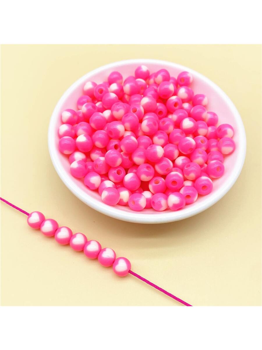 50pcs Acrylic Beads With Printed Heart Pattern For Diy Jewelry Making, Used For Necklace, Bracelet, Earring Pendant-Hot Pink-1