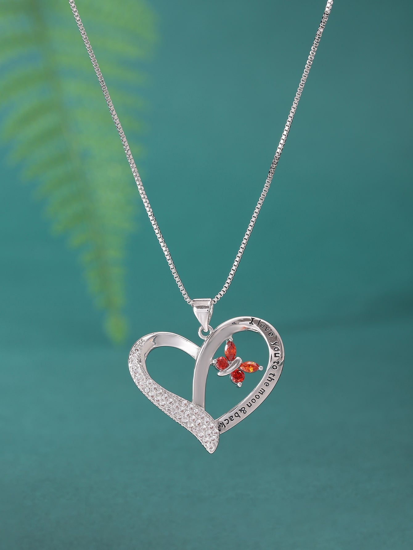 1pc Stylish S925 Silver Red Cubic Zirconia Butterfly Shaped Heart Pendant Necklace With "i Love You To The Moon & Back" Engraving - Perfect Gift For Mom, Wife, Girlfriend-Red-1