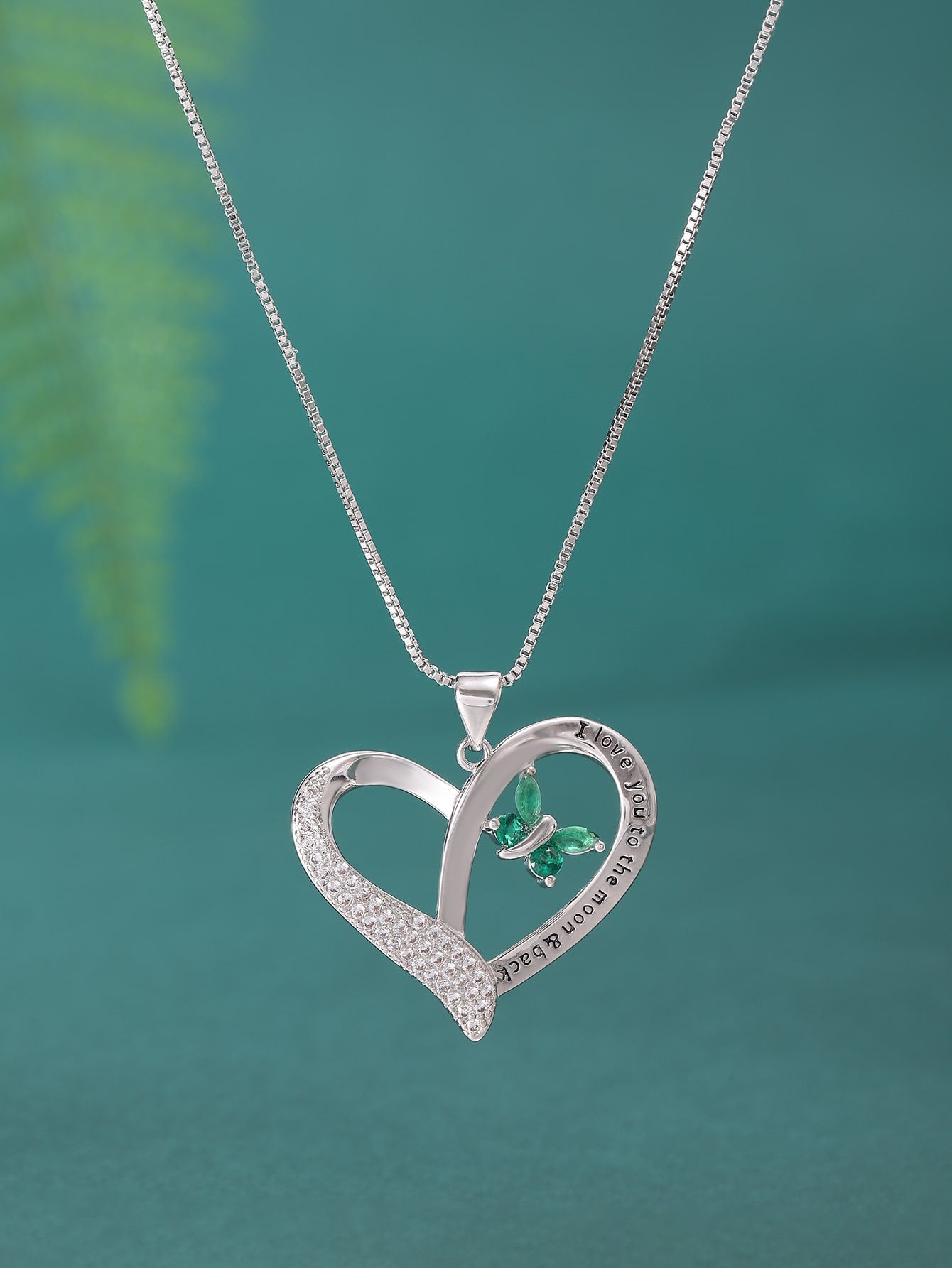 1pc Fashionable S925 Silver Green CZ Inlaid Butterfly Heart Shaped Pendant Necklace As A Gift For Mom, Wife, Girlfriend With The Engraved Words 'i Love You To The Moon & Back'-Green-1