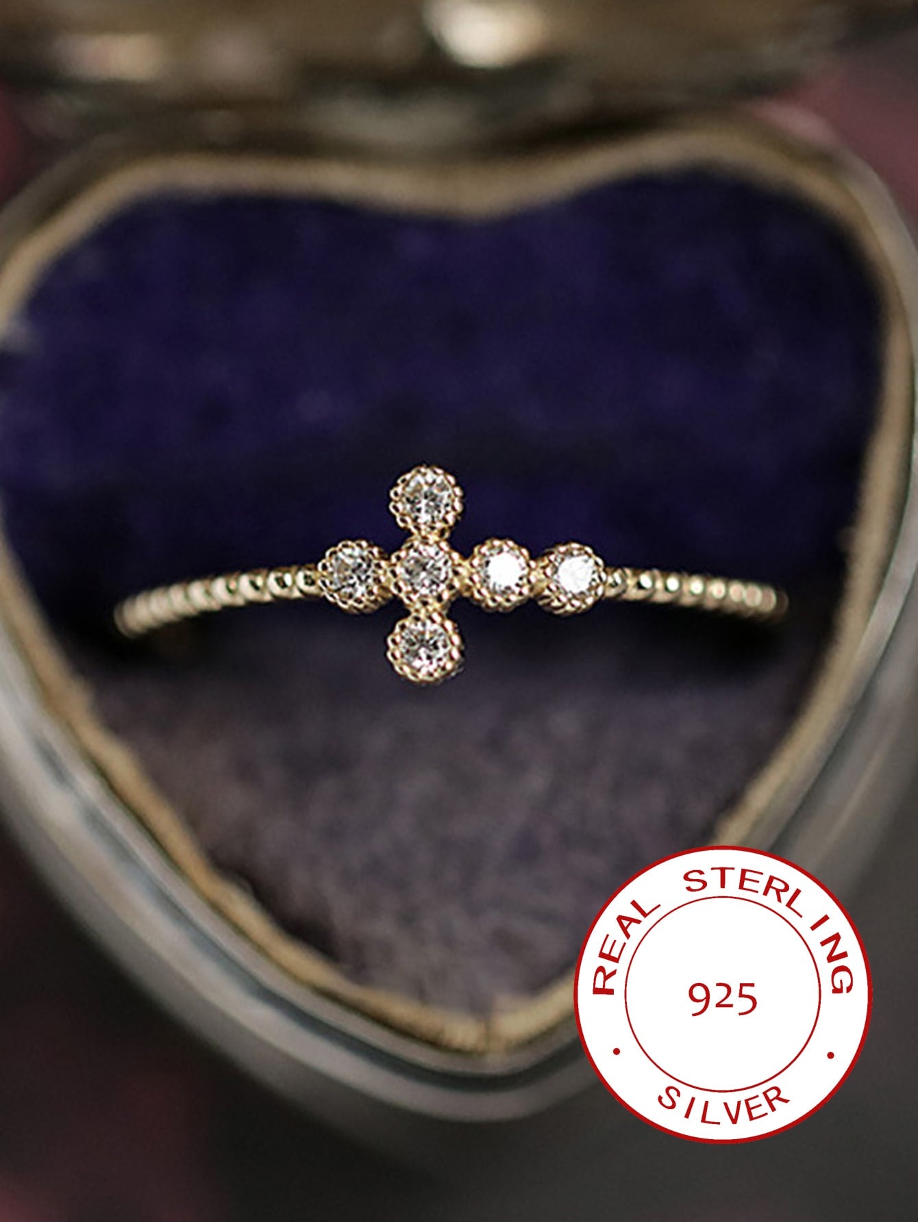 Women's 925 Sterling Silver Ring - Fashionable Cross & Rhinestone Design - Simple And Versatile-Yellow-1