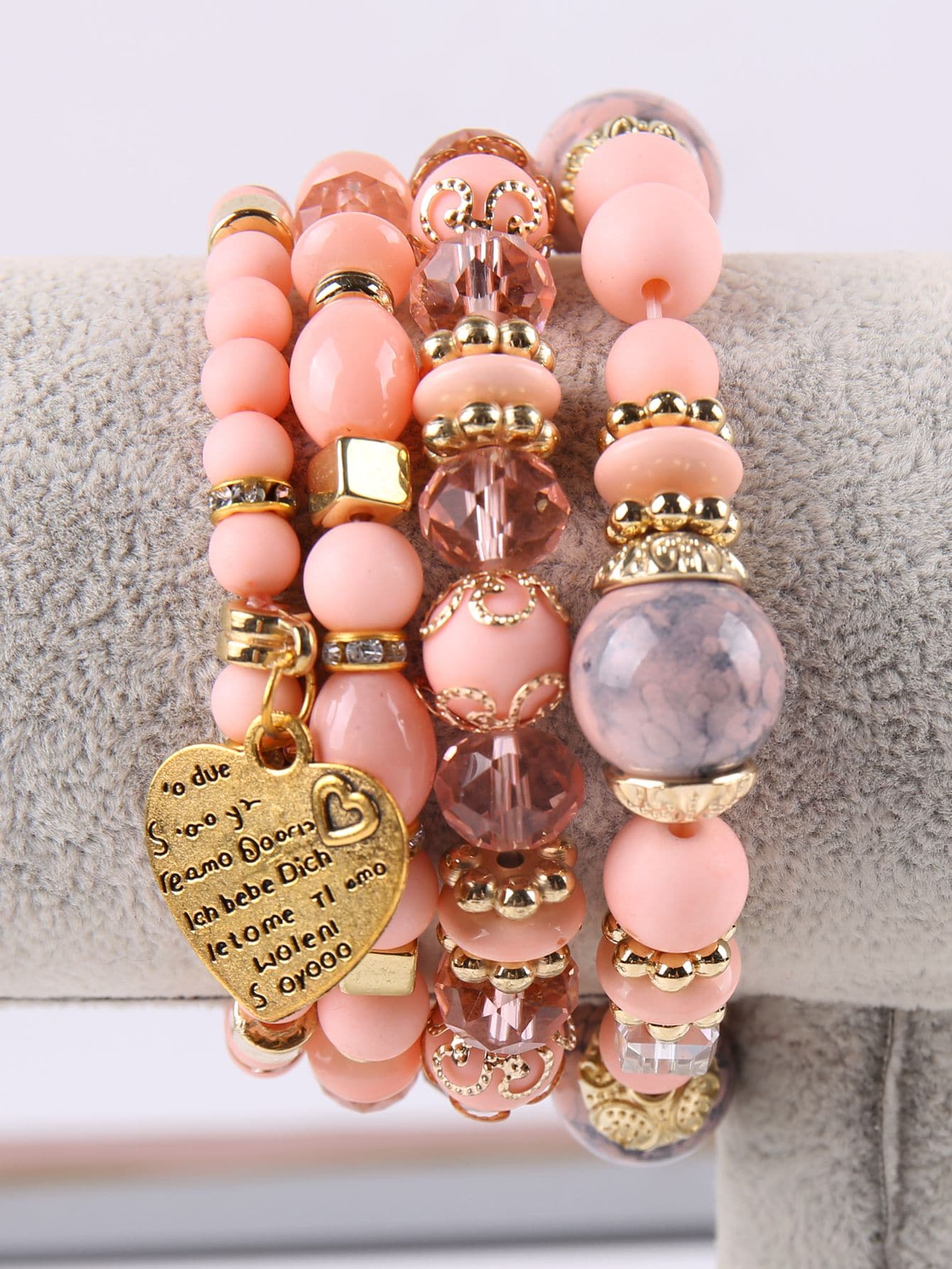 European And American Fashion Bohemian Style Multi-layer Bracelet With Crystal & Heart & Beads For Women-Watermelon Pink-1