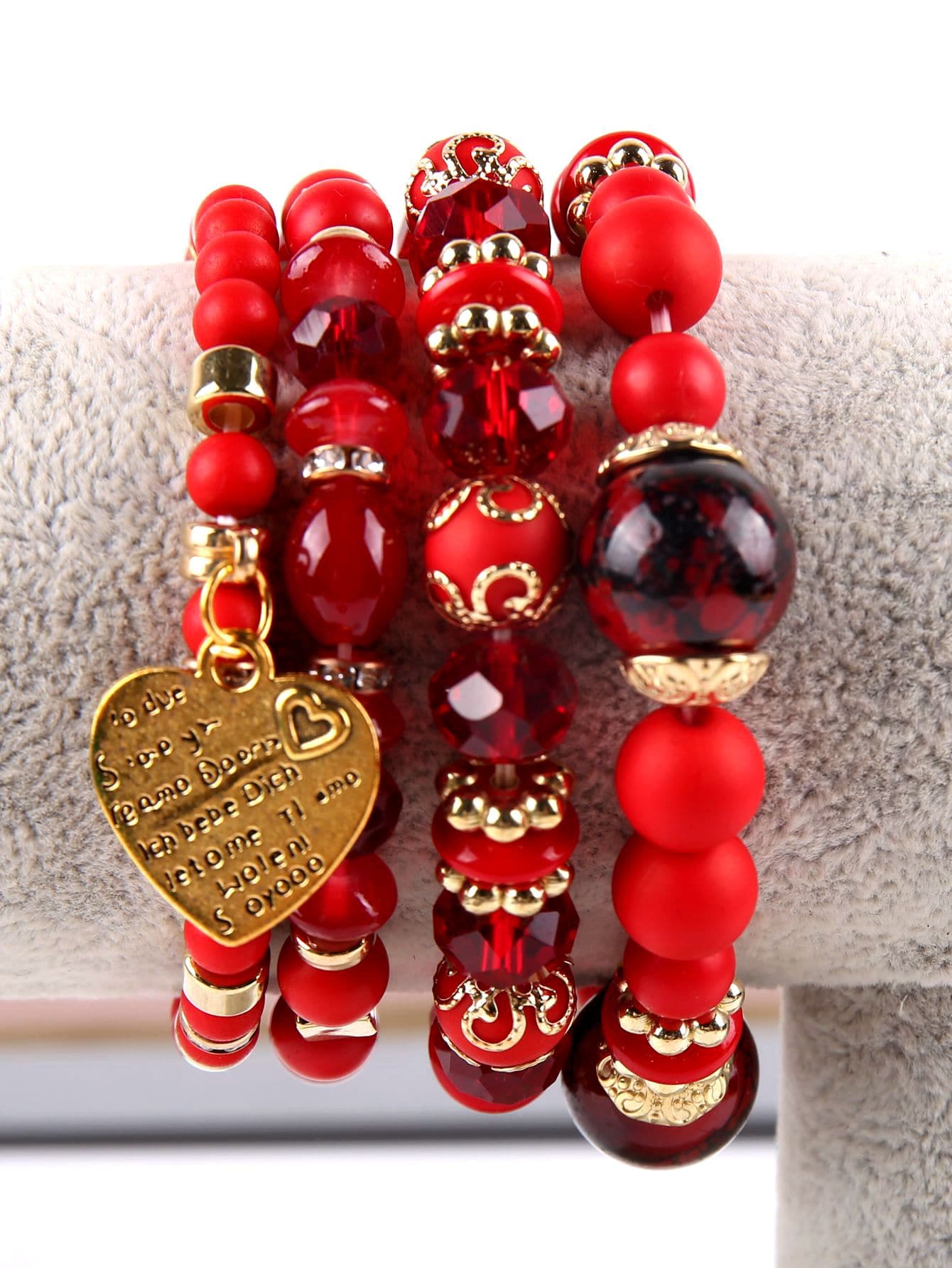 European And American Style Bohemian Multi-layer Bracelet With Crystal & Heart Beads For Women-Red-1