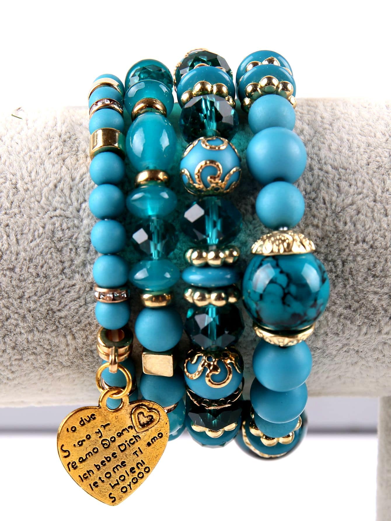 European And American Fashion Bohemian Style Multilayer Bracelet For Women With Crystal Heart-shaped Beads-Teal Blue-1