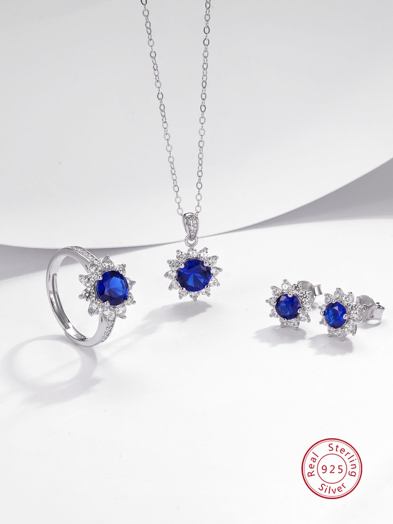 4pcs Elegant & Versatile 925 Silver & Cubic Zirconia Earrings, Ring, Necklace Set, Suitable For Women's Daily Wear, Summer Commuting, Banquet, Jewelry Gift-Royal Blue-1