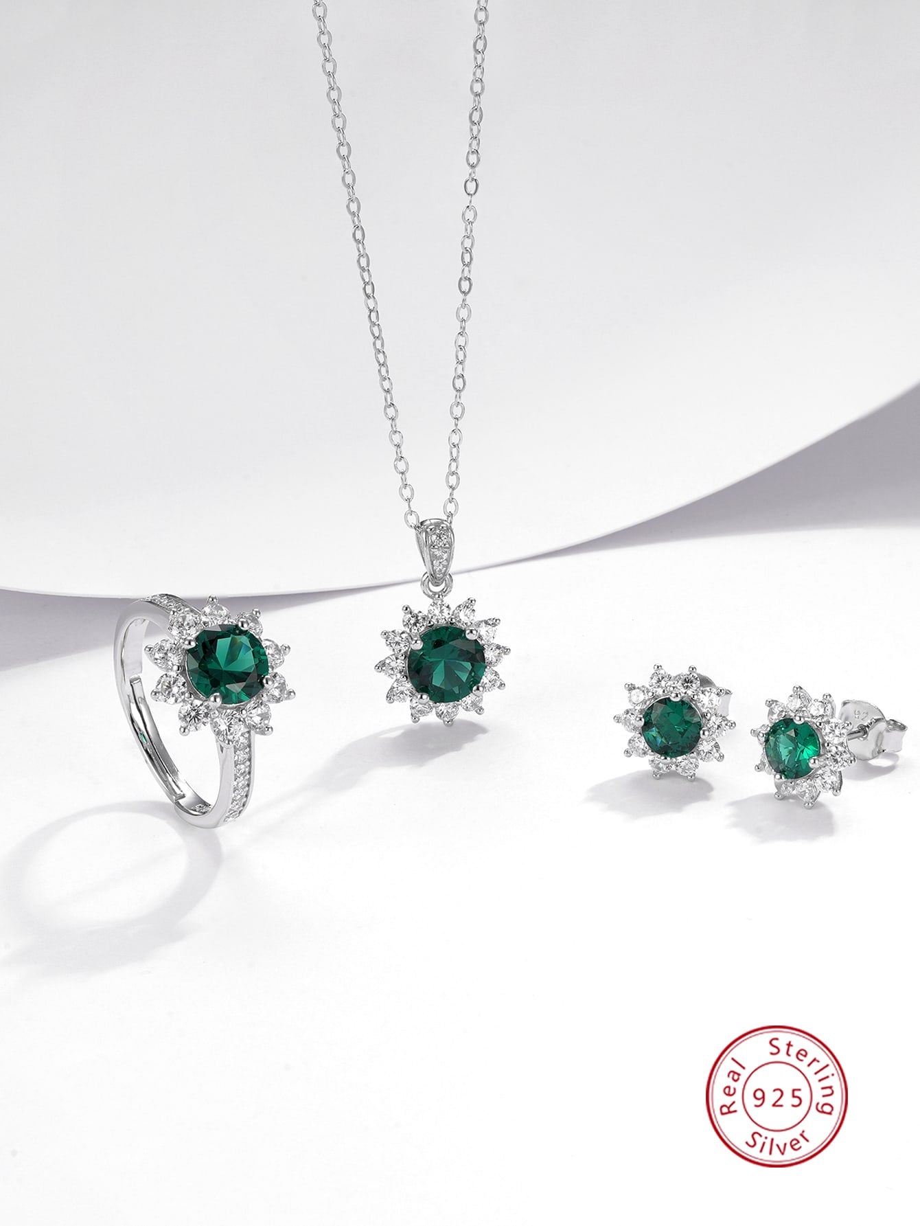 4pcs/set Elegant And Versatile 925 Silver & Cubic Zirconia Stud Earrings, Ring And Necklace Set, Suitable For Ladies' Daily Wear, Summer Commute, Banquets, Jewelry Gifts-Green-1