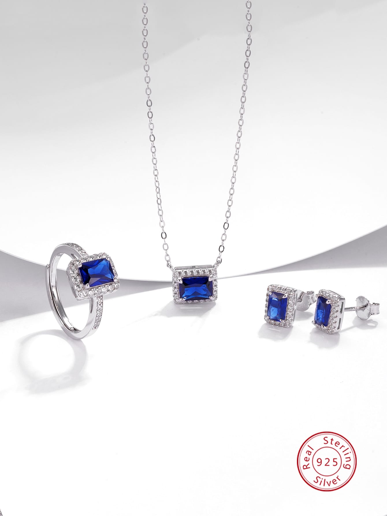 4pcs/set Vintage Luxurious 925 Silver & Cubic Zirconia Stud Earrings Ring Necklace Set, Suitable For Women's Daily Wear, Summer Party, Work, Halloween Gift-Royal Blue-1