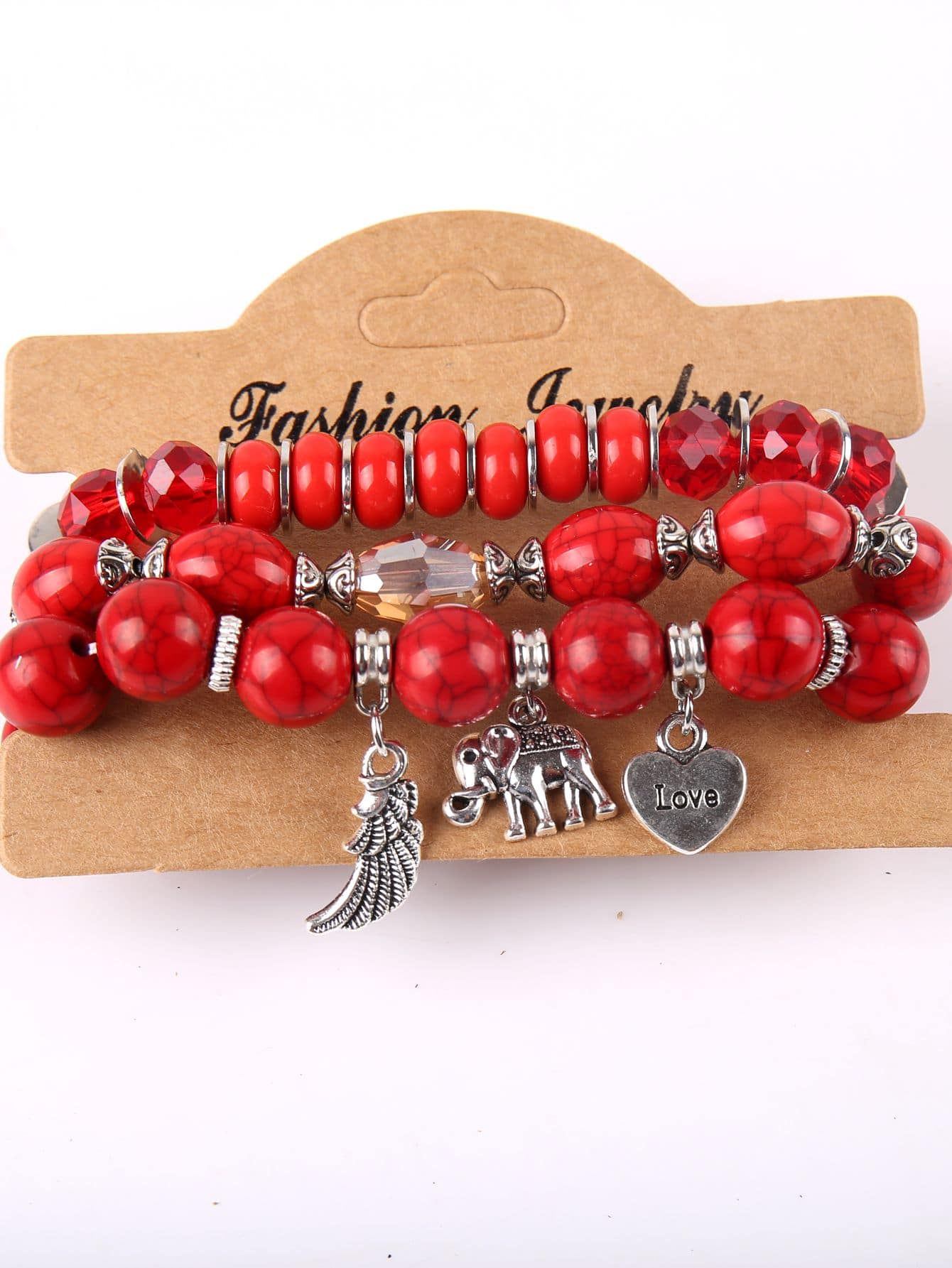 European And American Style Bohemian Multi-layer Beaded Bracelet Set Of 3 For Couples. It Features Marbled Patterns With Elephant, Wings And Heart Shaped Pendants. Suitable For Women And Available In Multiple Colors.-Red-1