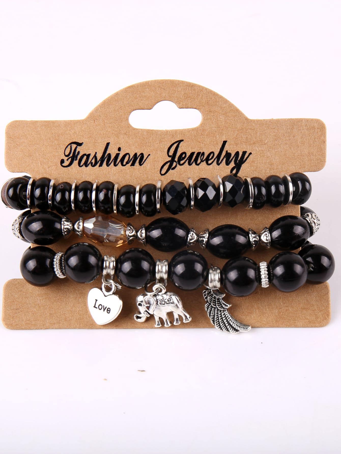 European And American Style Bohemian Multilayer Couples 3pcs/set Marble Pattern Elephant, Wing, Heart Shape Pendant Beaded Colorful Bracelet For Women-Black-1