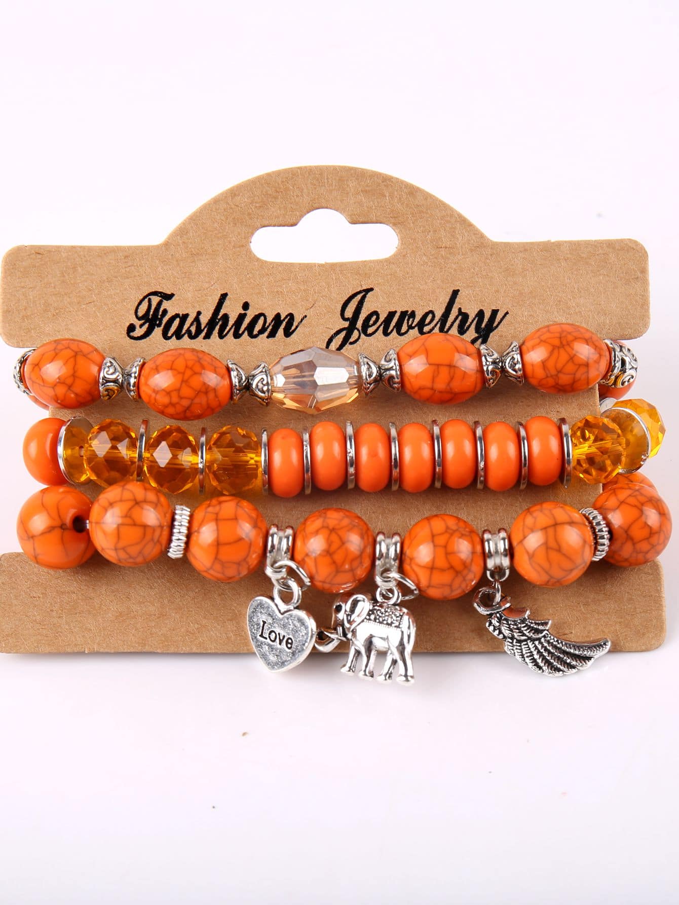 Bohemian Style Multilayer Lover's Bracelet Set Of 3 With Marble Patterned Elephant, Wing, Heart Pendants-Orange-1