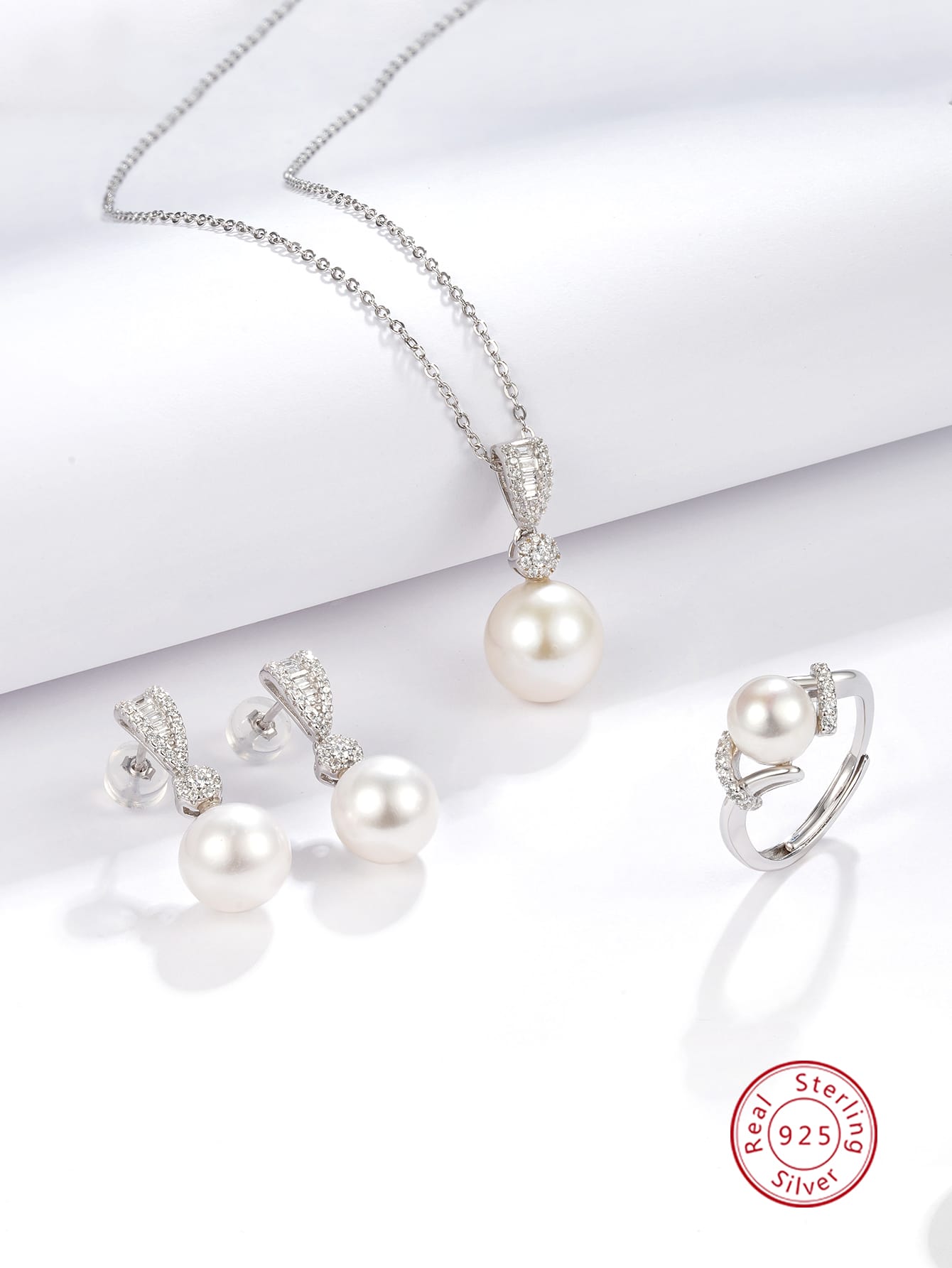 4pcs/set Elegant Luxury 925 Silver Cultured Pearl Earrings, Ring, Necklace Set, Suitable For Daily Wear, Party, Work Jewelry For Women-Silver-1