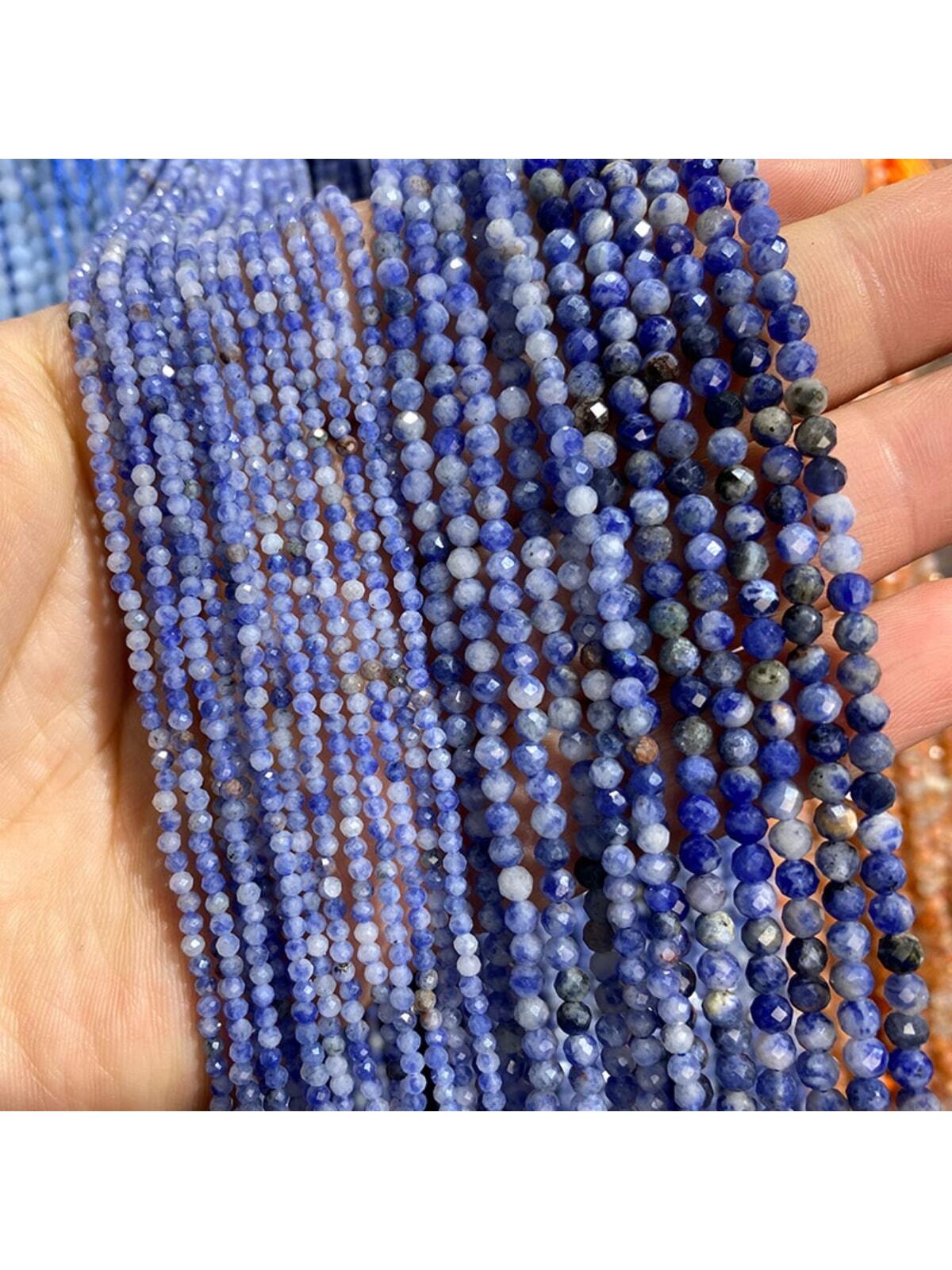 1 Strand 15'' Natural Stone Blue Dots & Carved Beads In Diameter Of 2mm 3mm 4mm For Diy Bracelet, Necklace, Earrings Or Any Other Jewelry Making--1